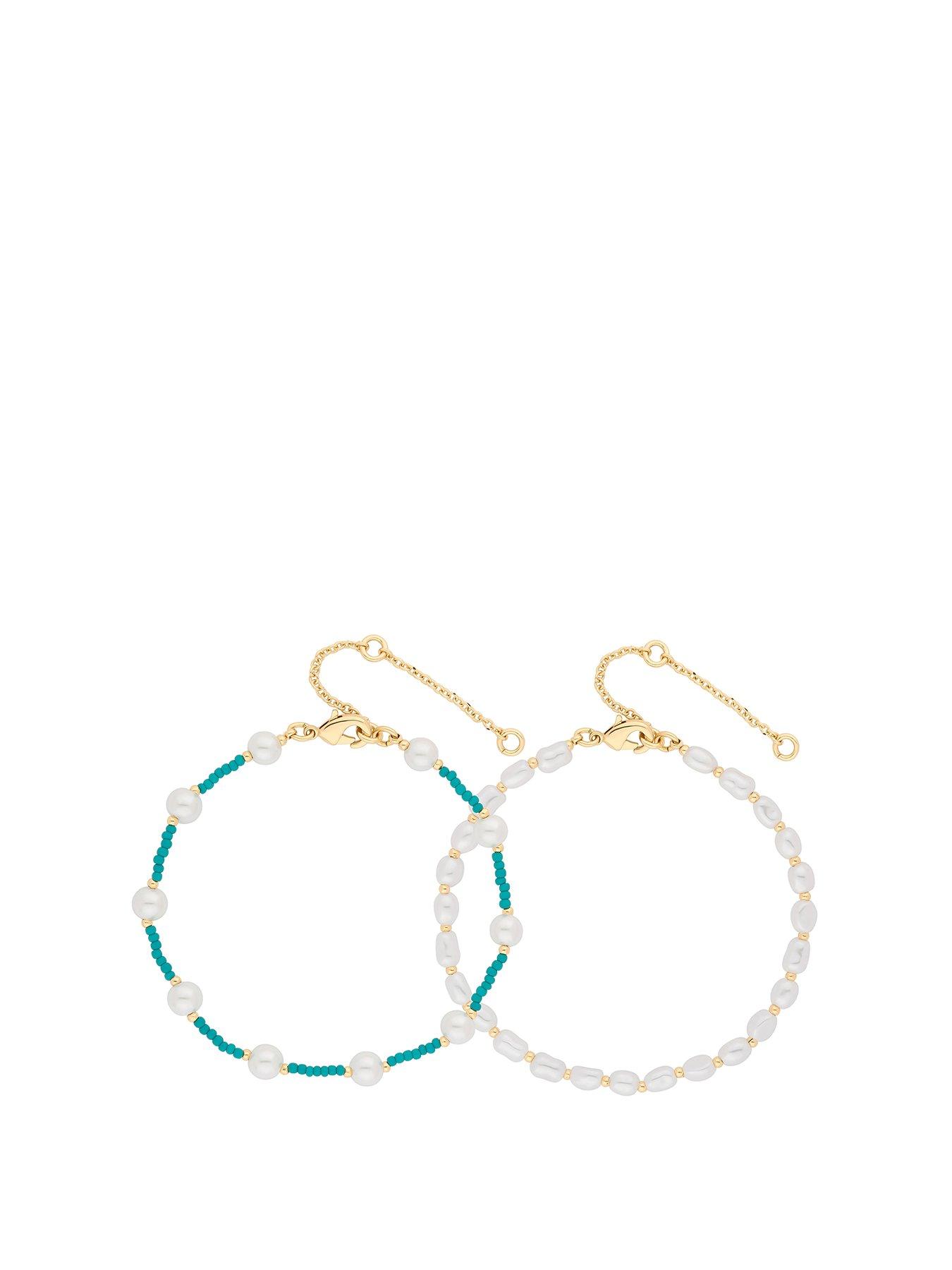 Product photograph of Mood Gold Turquoise Bead And Seed Pearl Bracelets - Pack Of 2 from very.co.uk