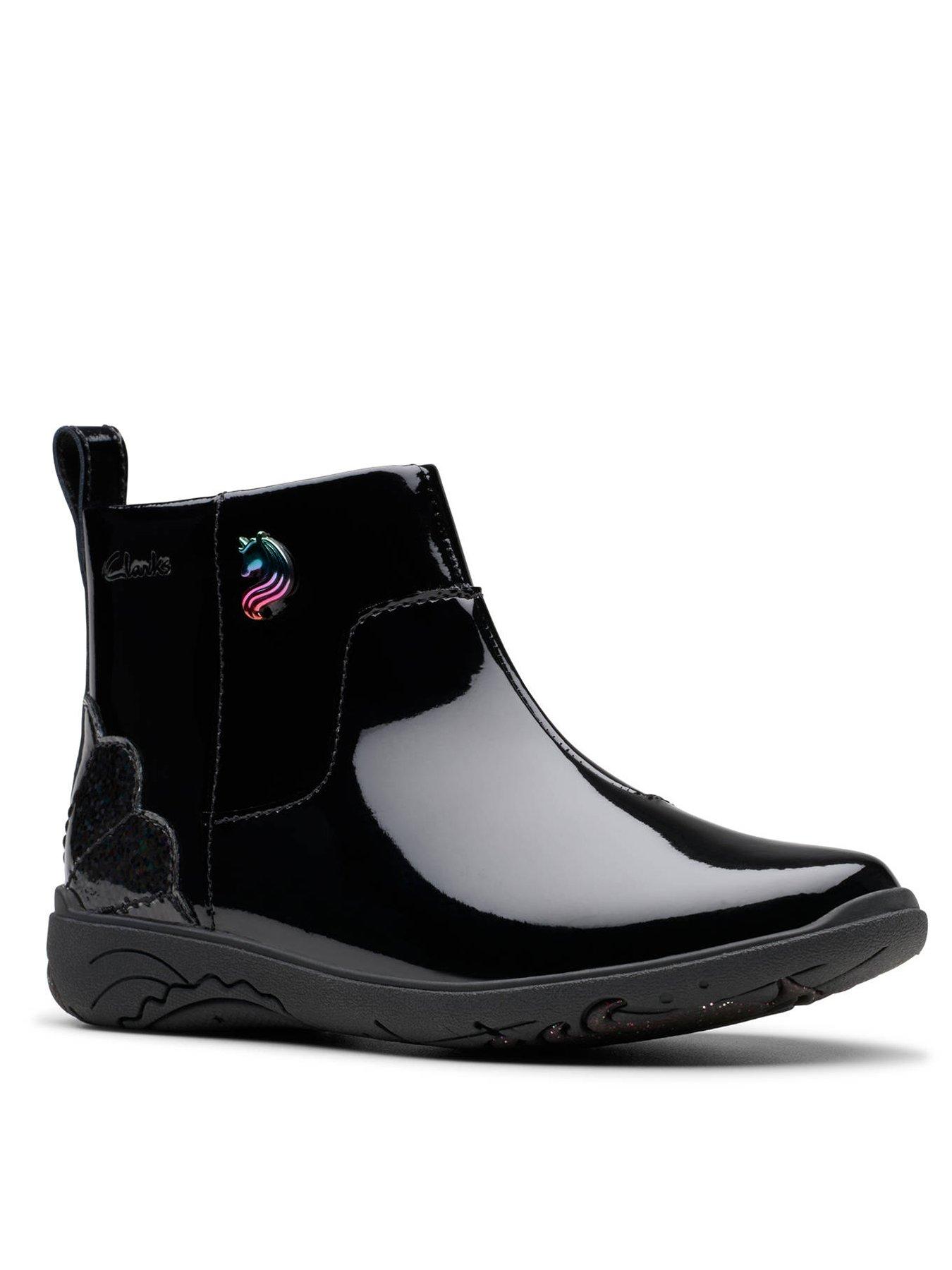 Clarks Kids Relda Glow Patent Ankle Boot Black Very
