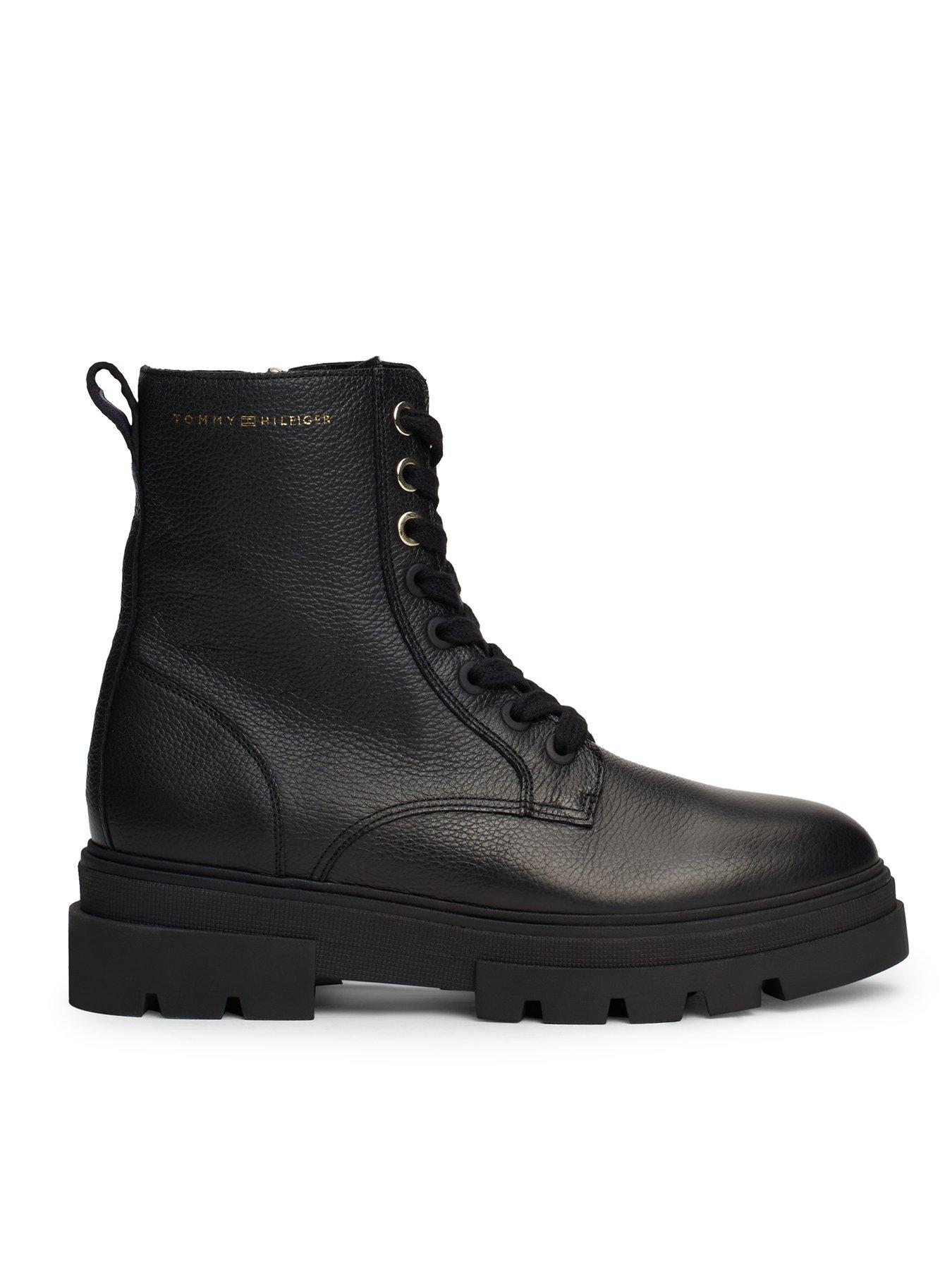 undefined Lace Up Leather Biker Boots - Black