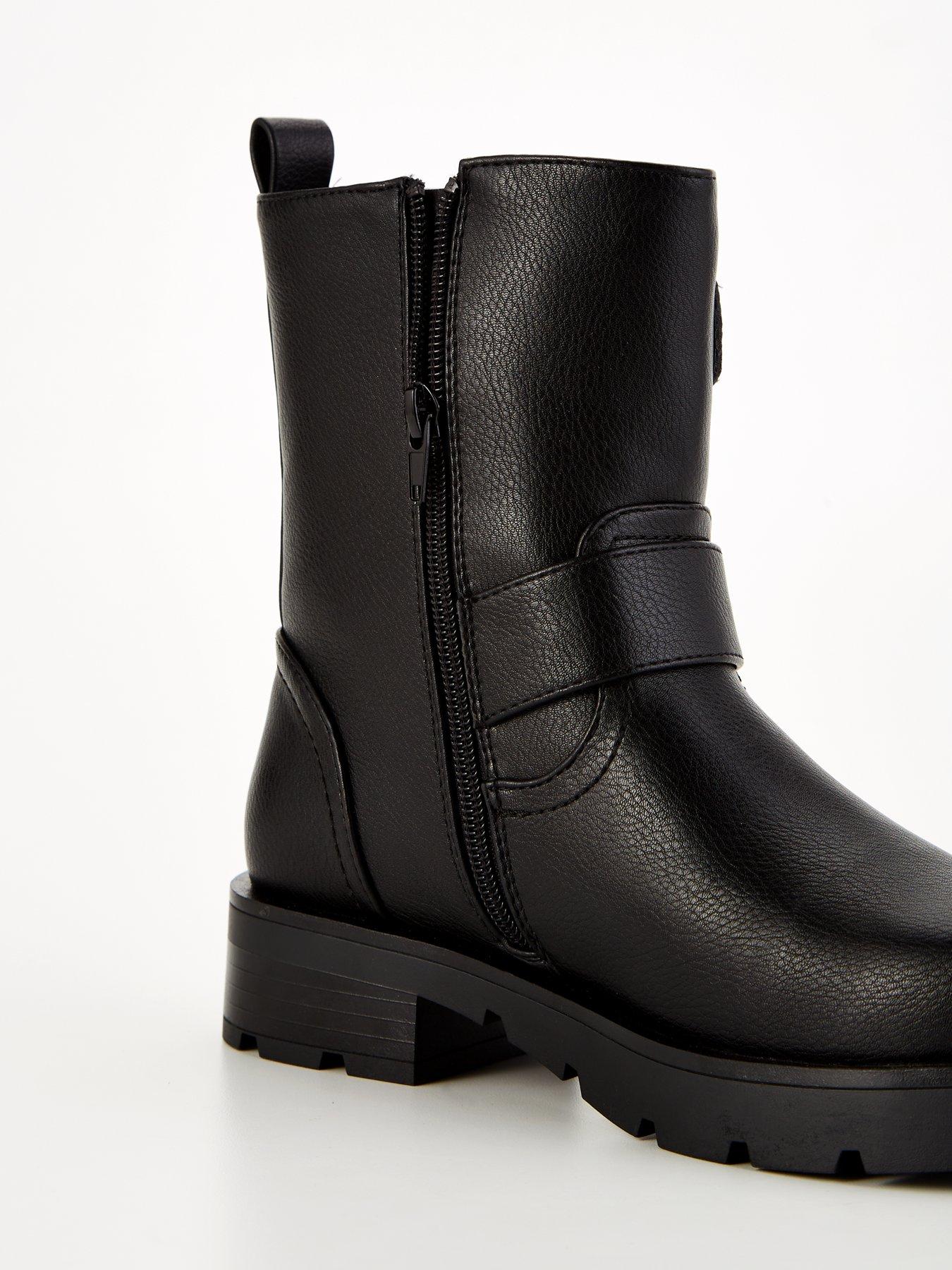 V by Very Extra Wide Fit Biker Calf Boot Black Very
