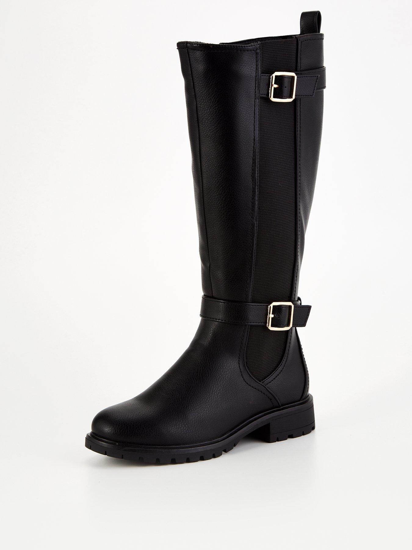 Everyday Wide Fit Buckle Knee Boot with Wider Fitting Calf Black Very
