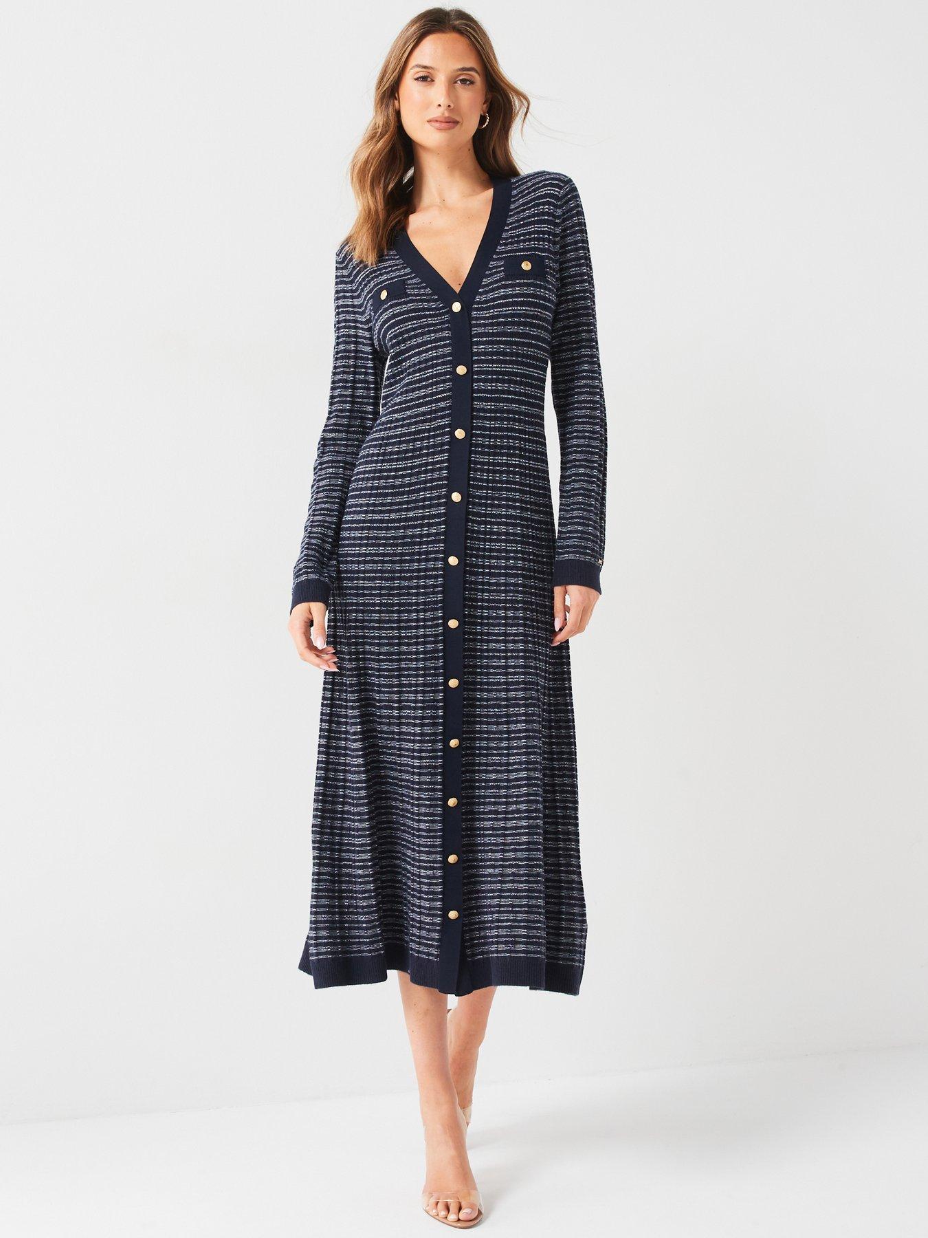 undefined V Neck Striped Midi Dress - Navy