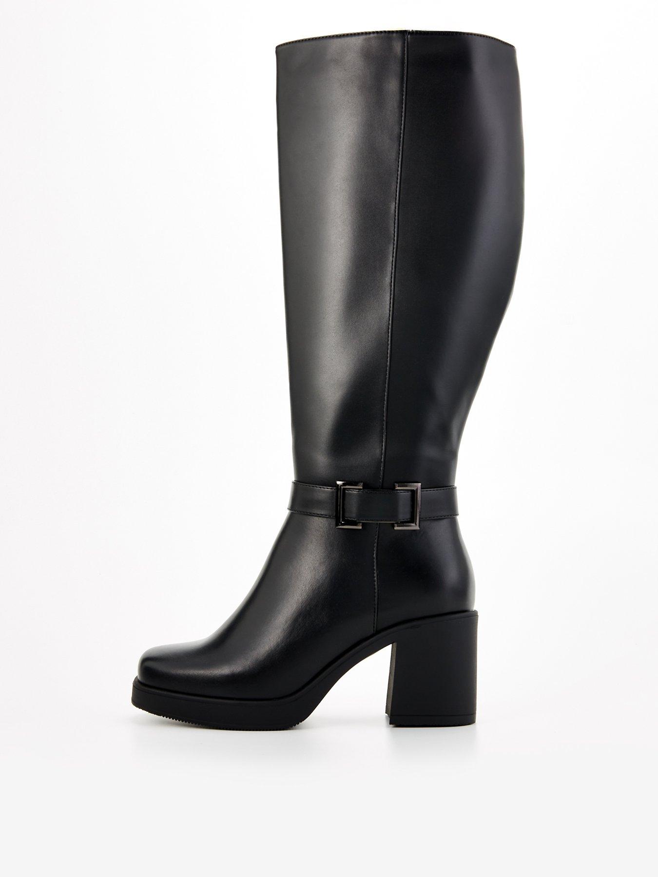 undefined Extra Wide Fit Buckle Knee Block Heel Boot - Black