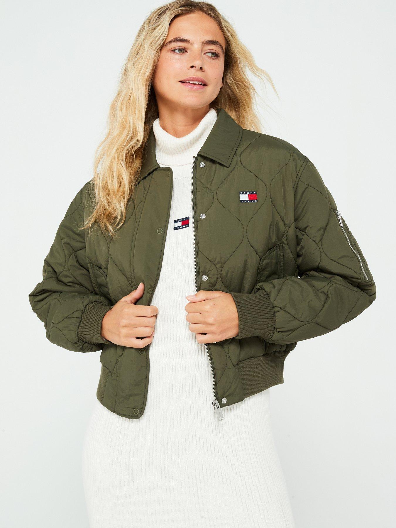 Tommy Jeans Quilted Bomber Jacket - Green, Green, Size L = Uk 12, Women