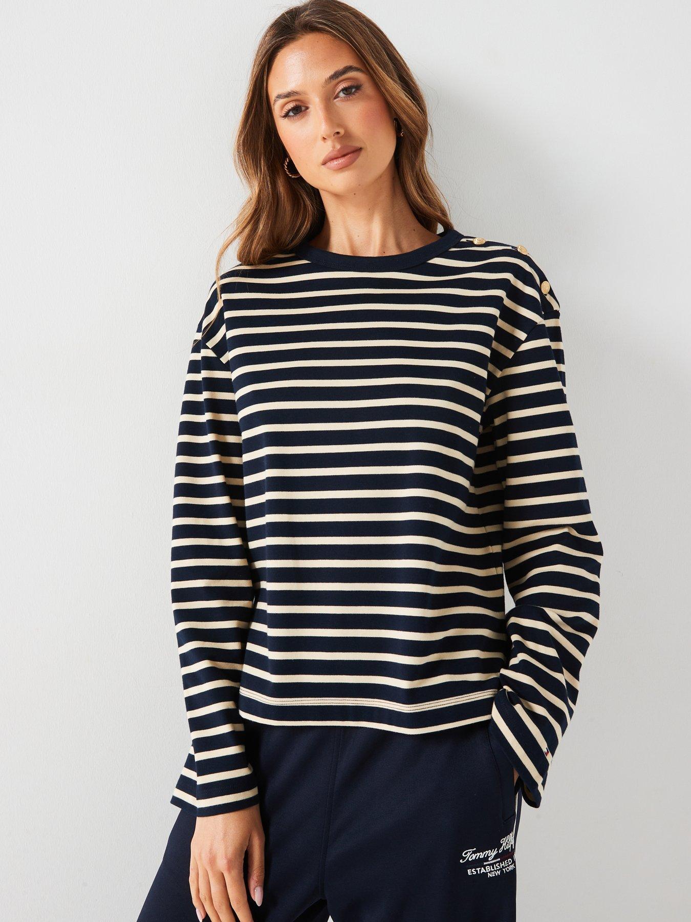 Tommy Hilfiger Button Detail Striped Top - Navy, Navy, Size L = Uk 12, Women