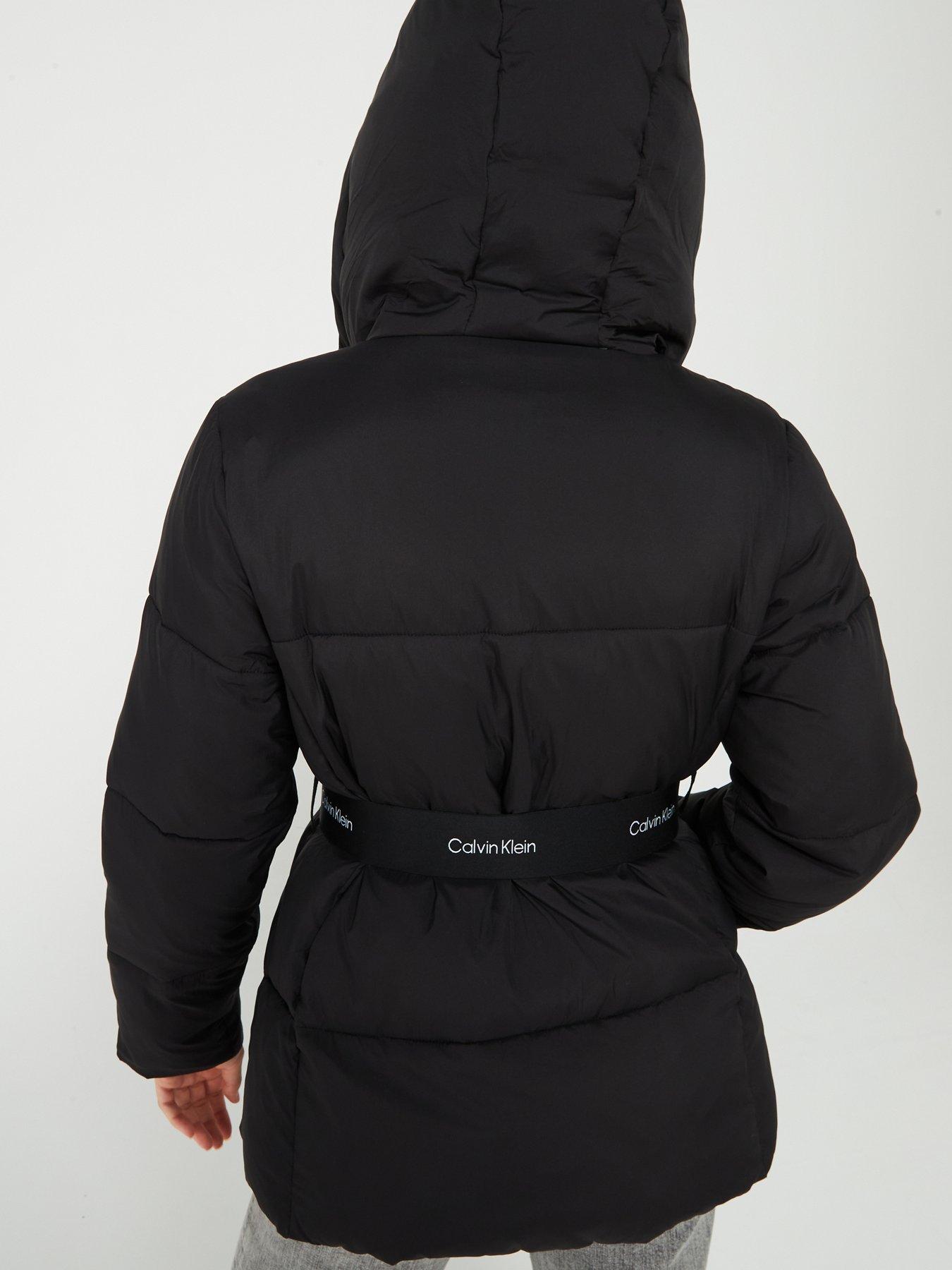 Calvin Klein Women's Belted Puffer Coat Calvin Klein Women's Hooded Belted  Black Puffer Down Mid-Length