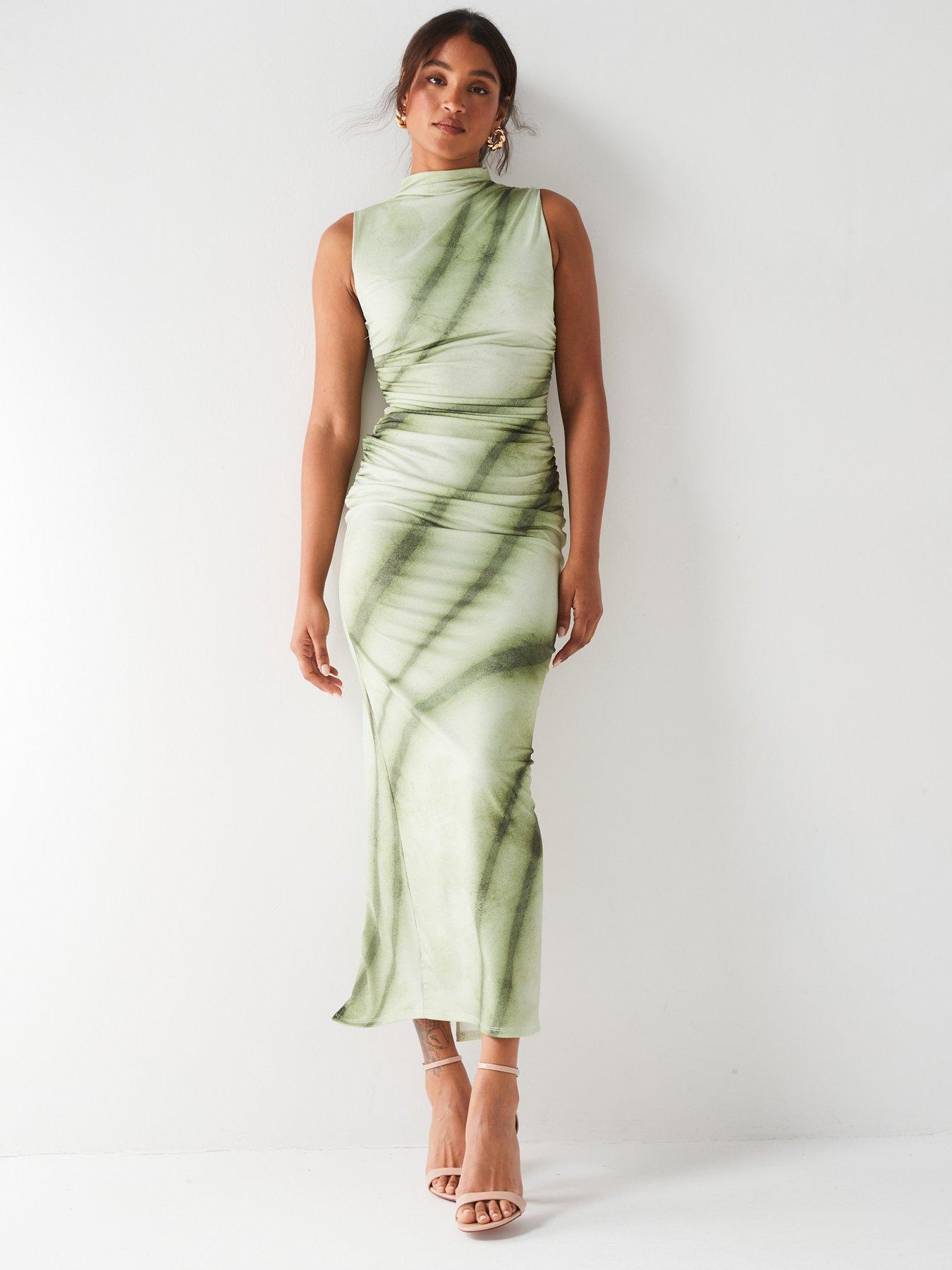 Image 1 of 6 of V by Very Ruched Printed Midaxi Dress - Green
