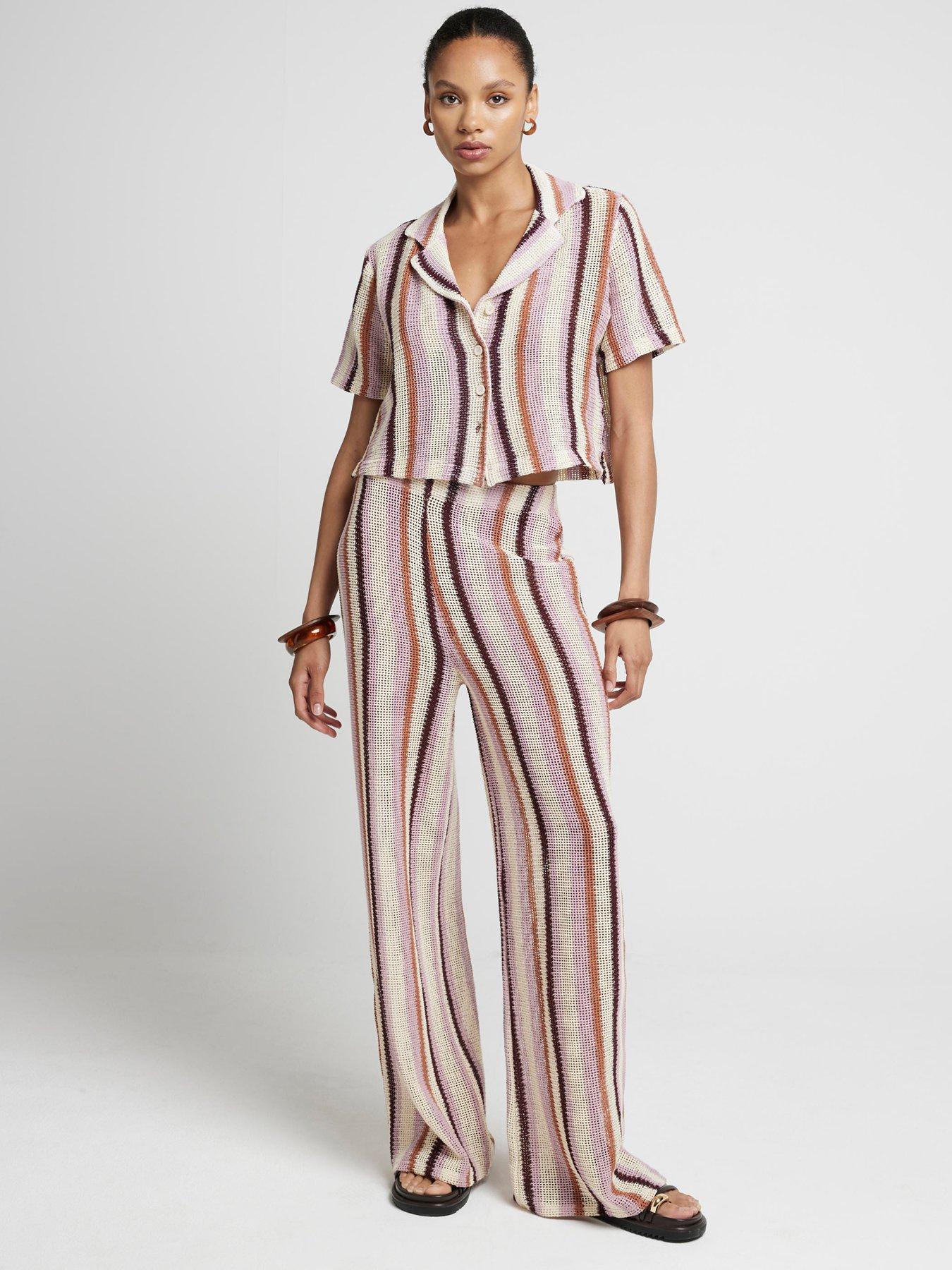 Image 1 of 6 of River Island Stripe Crochet Wide Leg Trouser - Medium Pink