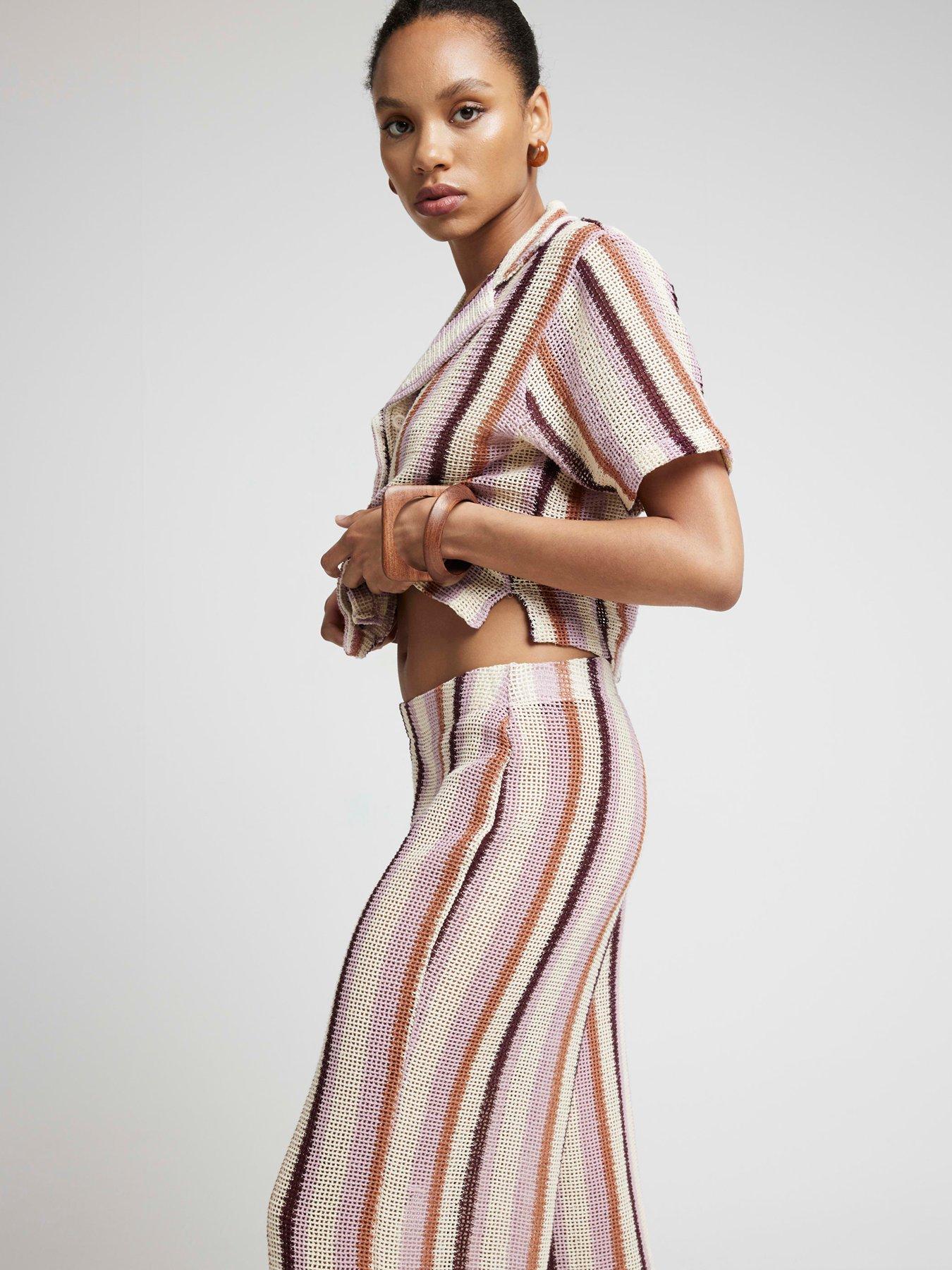 Image 2 of 6 of River Island Stripe Crochet Wide Leg Trouser - Medium Pink