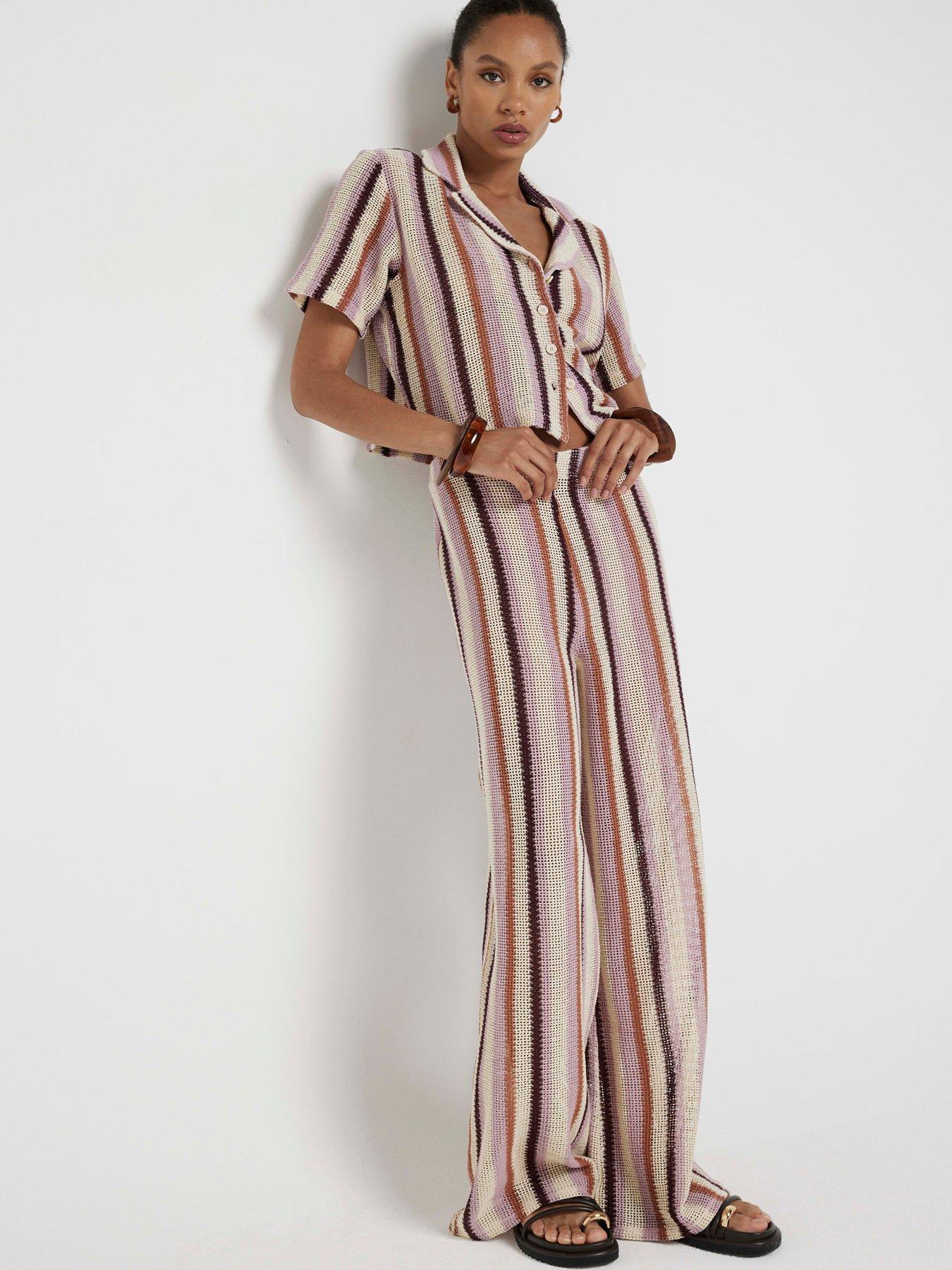 Image 3 of 6 of River Island Stripe Crochet Wide Leg Trouser - Medium Pink
