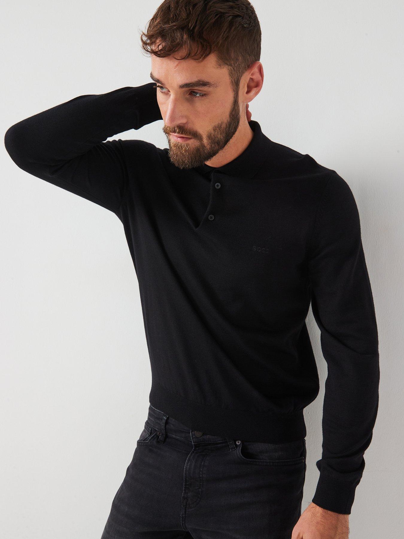 Boss Bono-L Regular Fit Long Sleeve Knitted Polo - Black