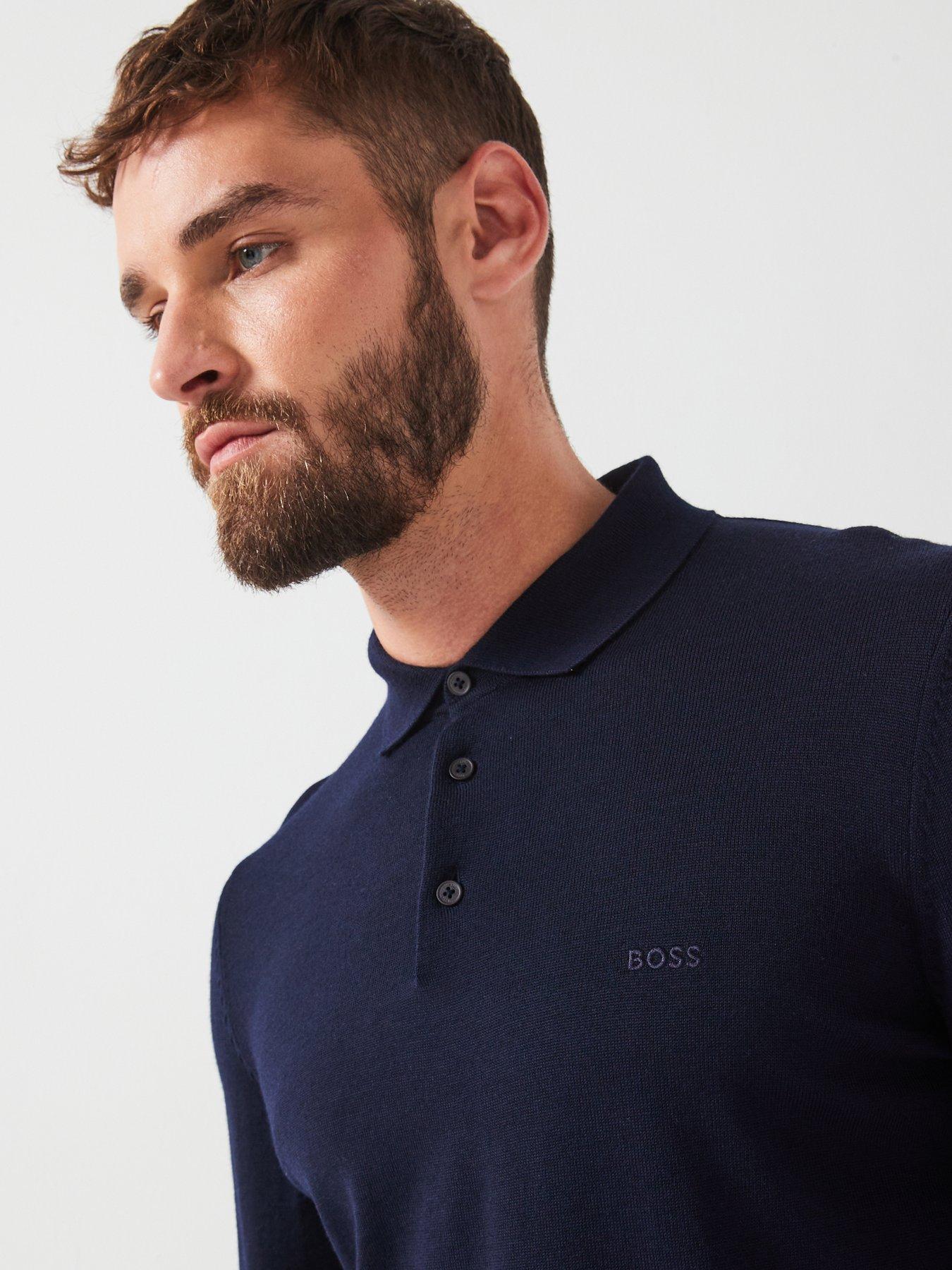 Image 4 of 4 of BOSS Bono-L Regular Fit Long Sleeve Knitted Polo - Navy