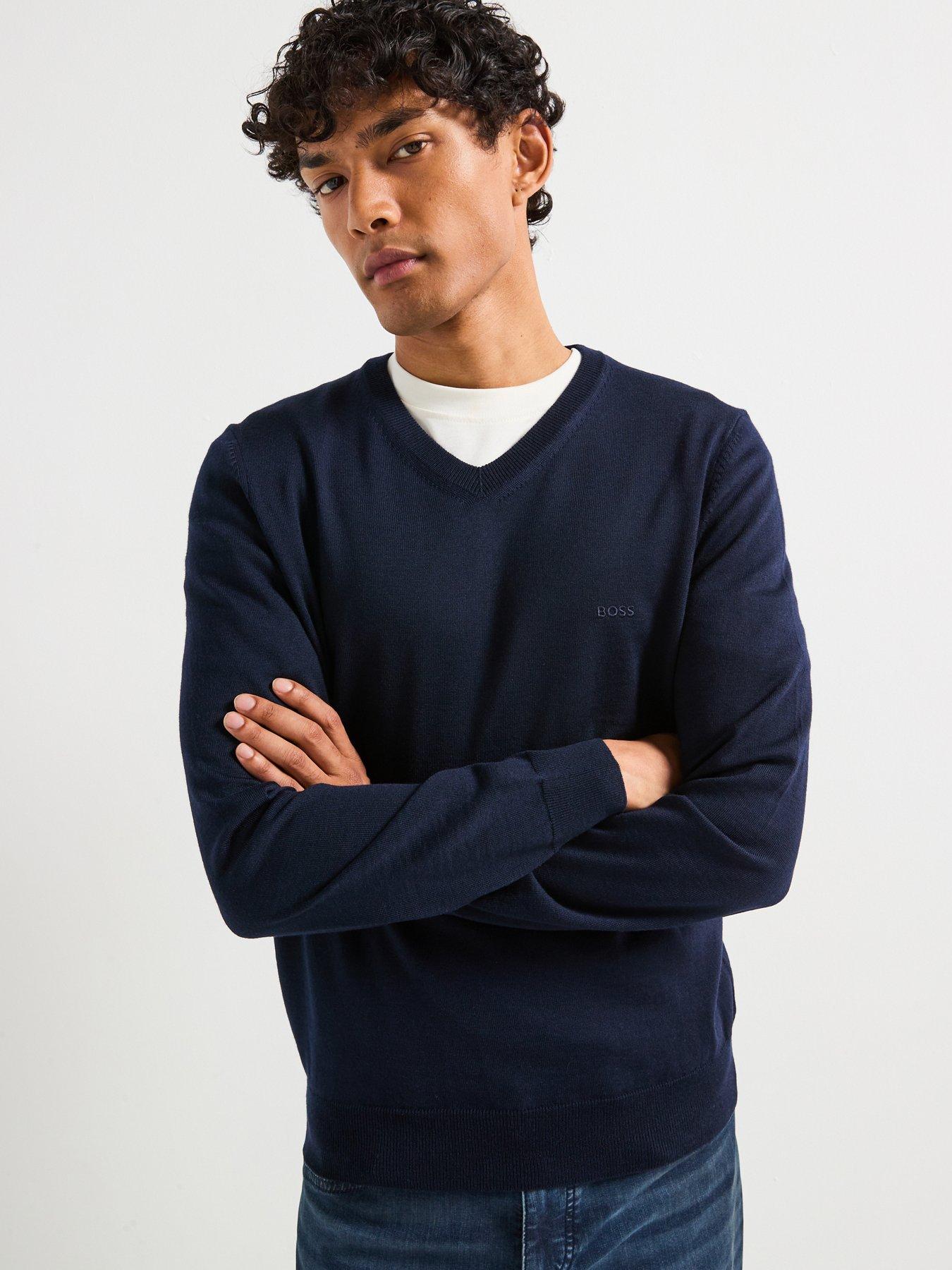 Image 1 of 6 of BOSS Baram-L Regular Fit V Neck Knitted Jumper - Navy