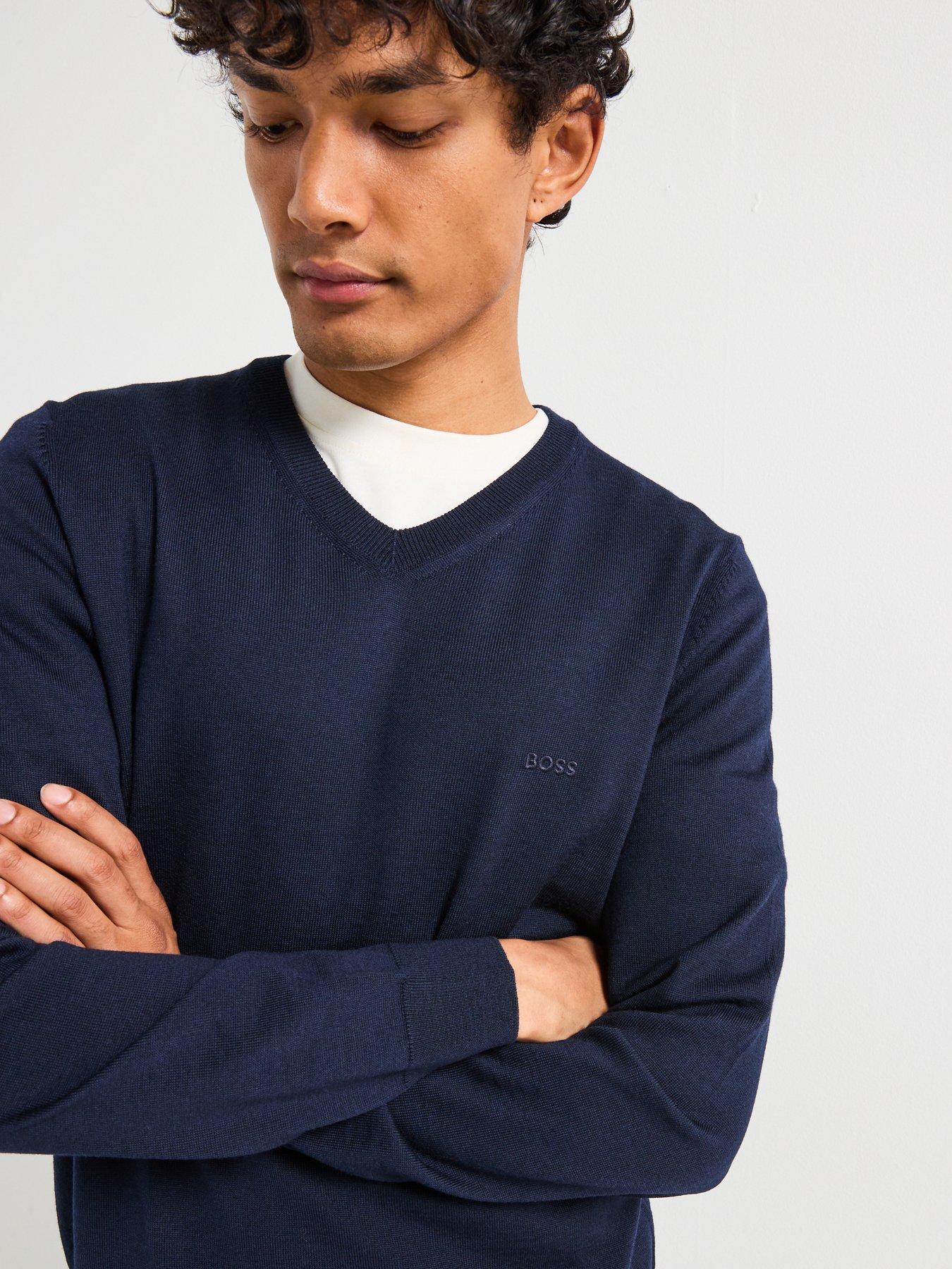 Image 4 of 6 of BOSS Baram-L Regular Fit V Neck Knitted Jumper - Navy