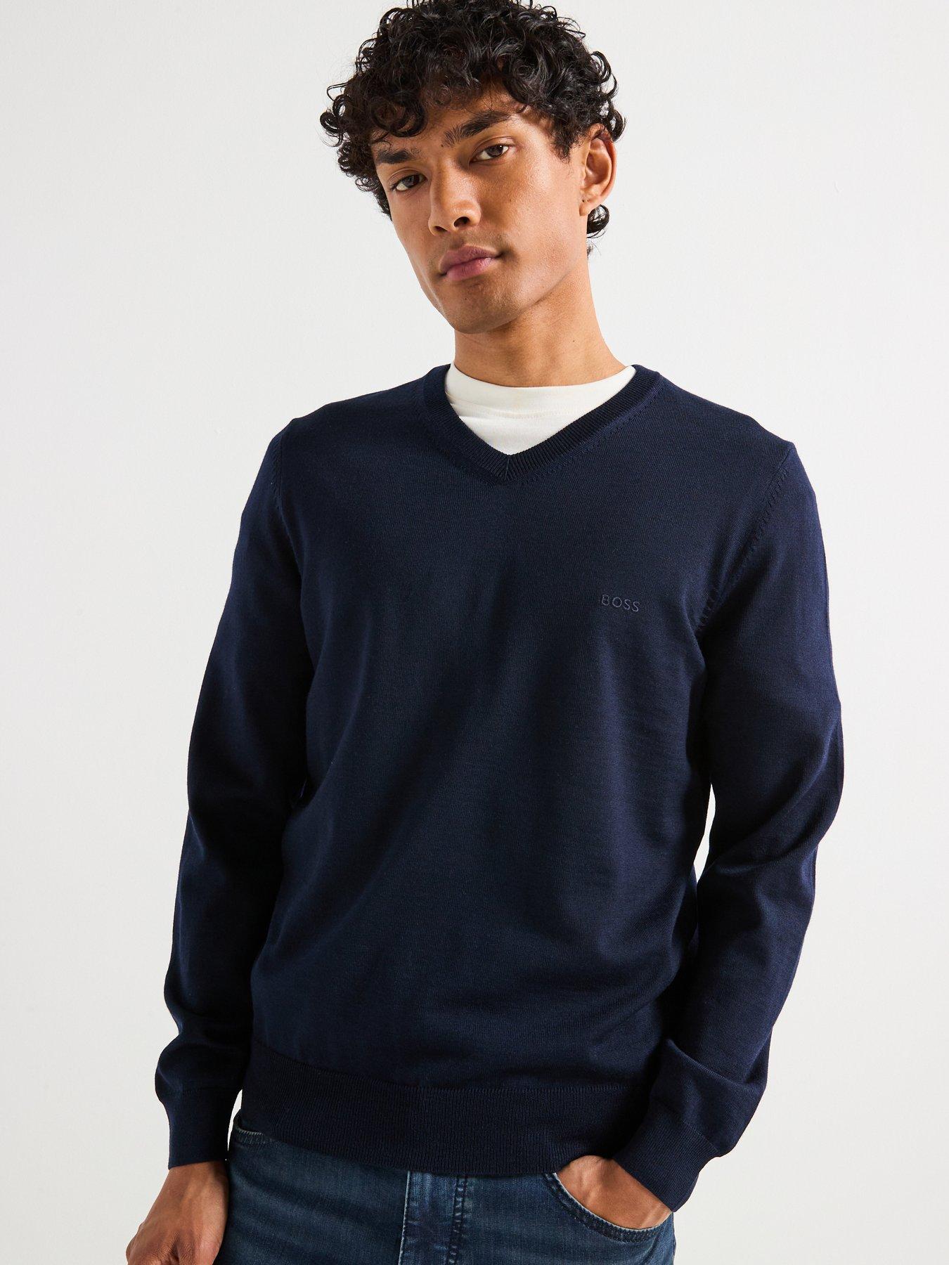 Image 6 of 6 of BOSS Baram-L Regular Fit V Neck Knitted Jumper - Navy