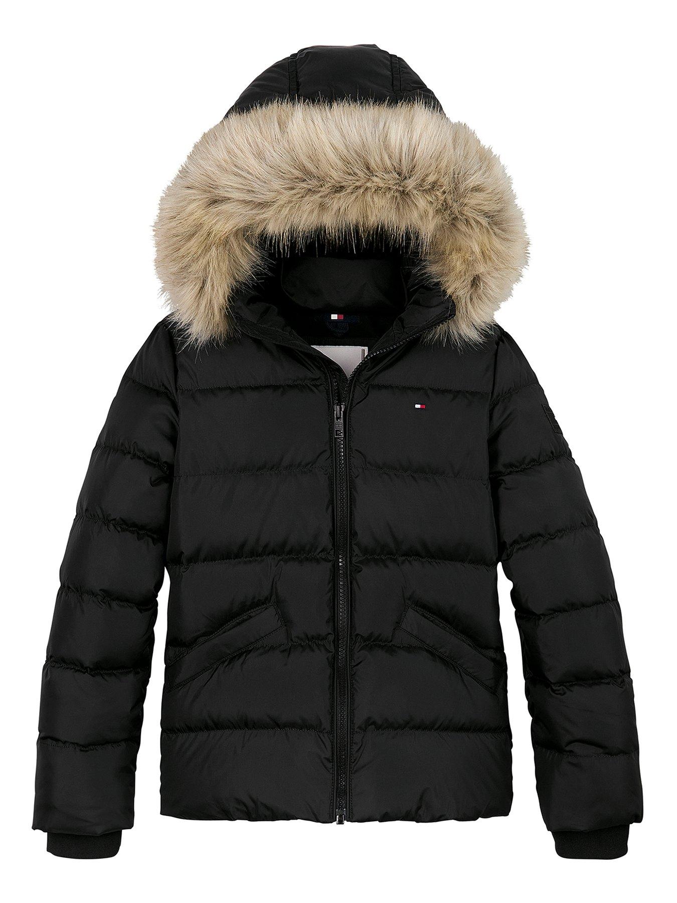 tommy hilfiger girls essential down fur hood jacket - black