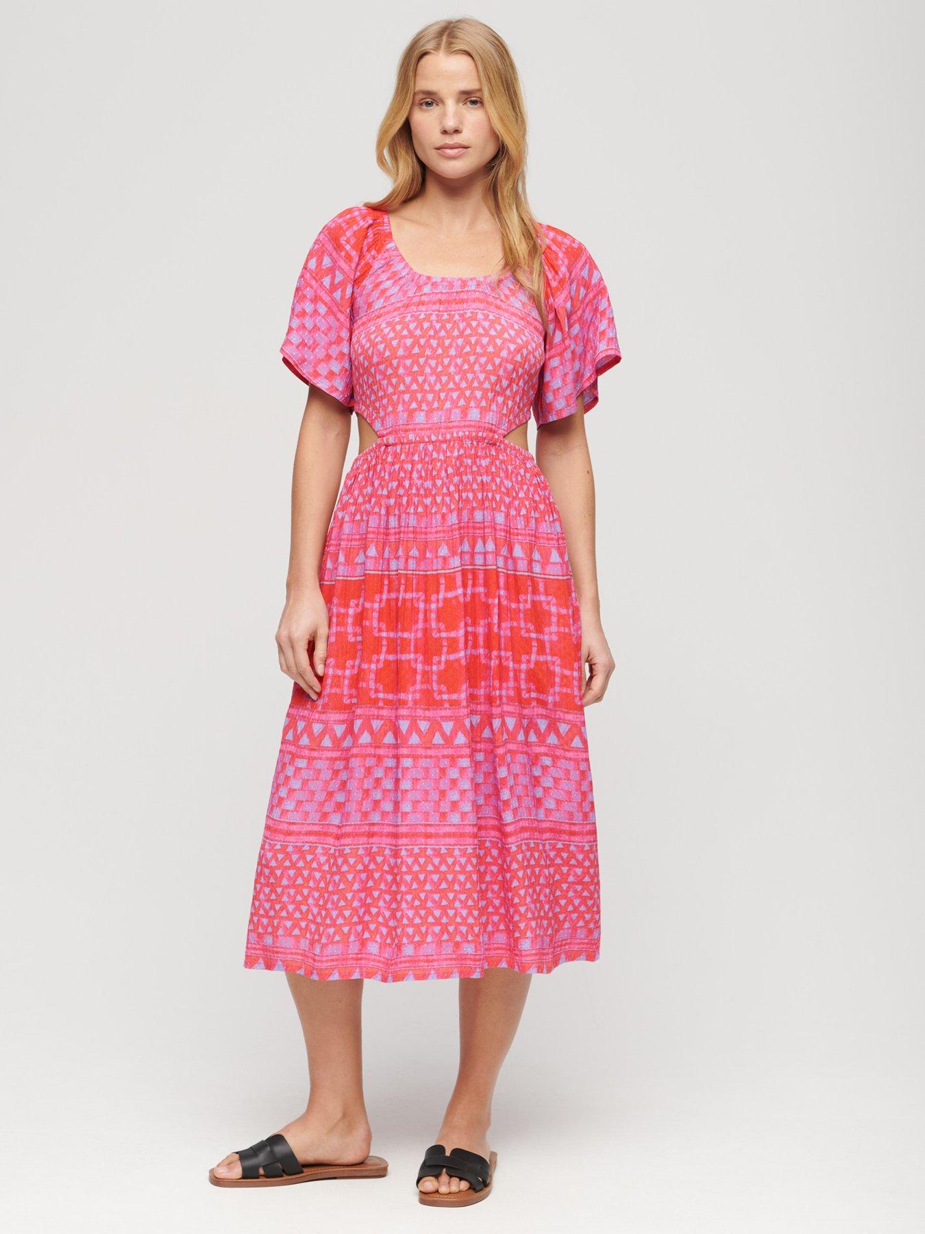 Superdry Printed Cut Out Midi Dress - Pink | Very.co.uk