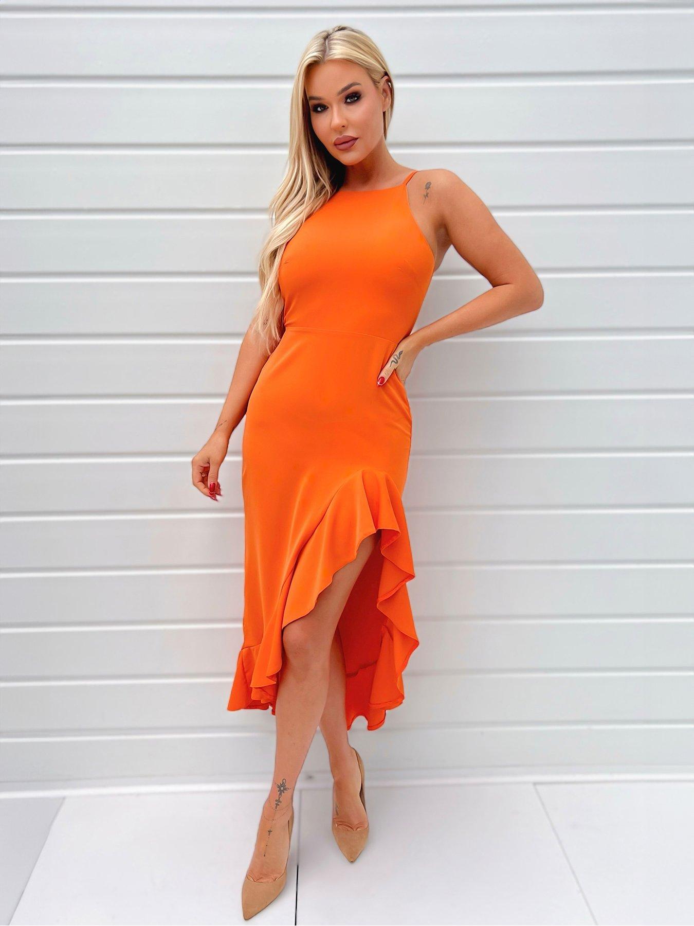 High Neck Frill Hem Midi Dress Orange