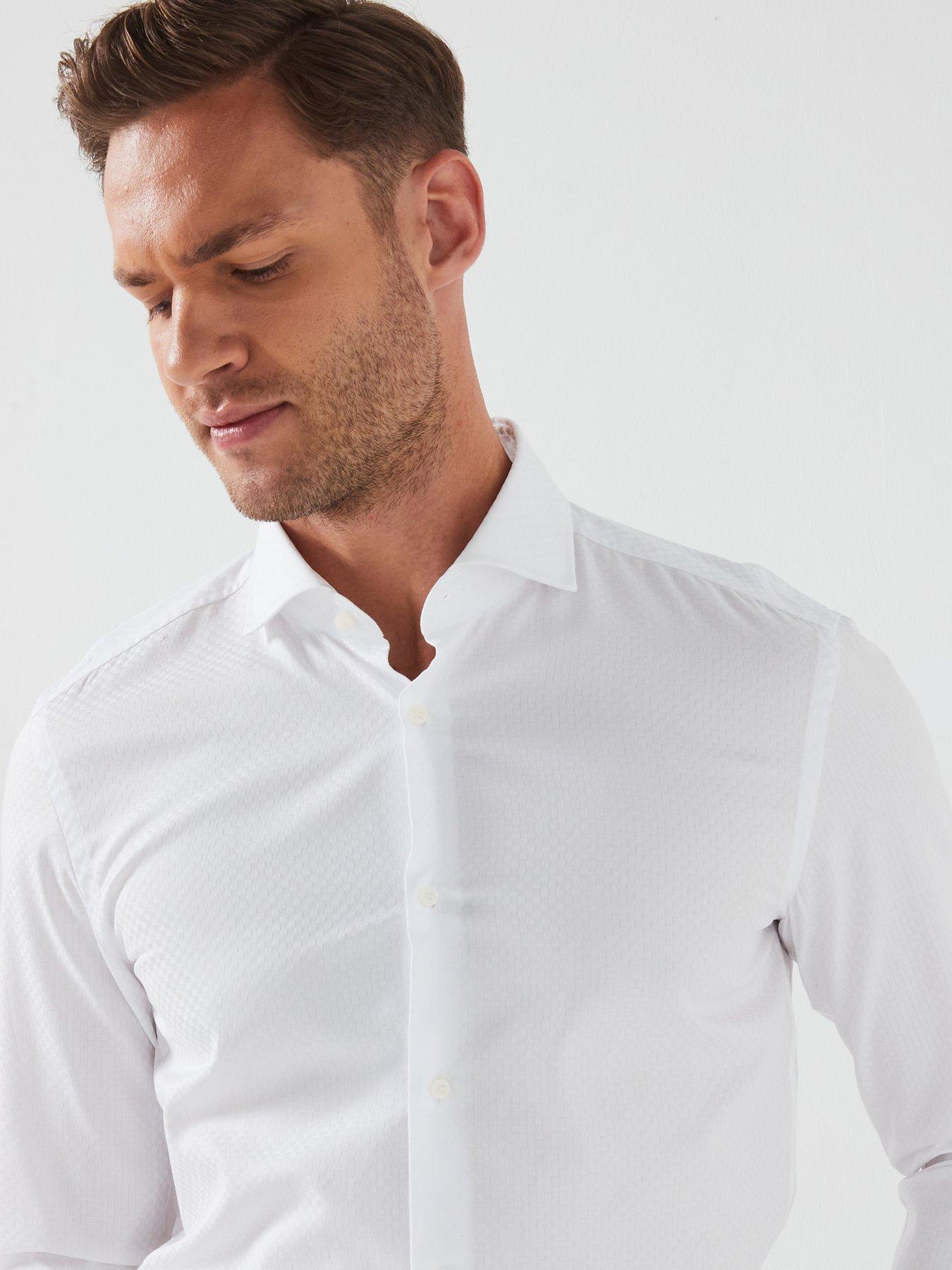 Image 4 of 6 of BOSS H-Hank Slim Fit Cut Away Collar Textured Shirt - White