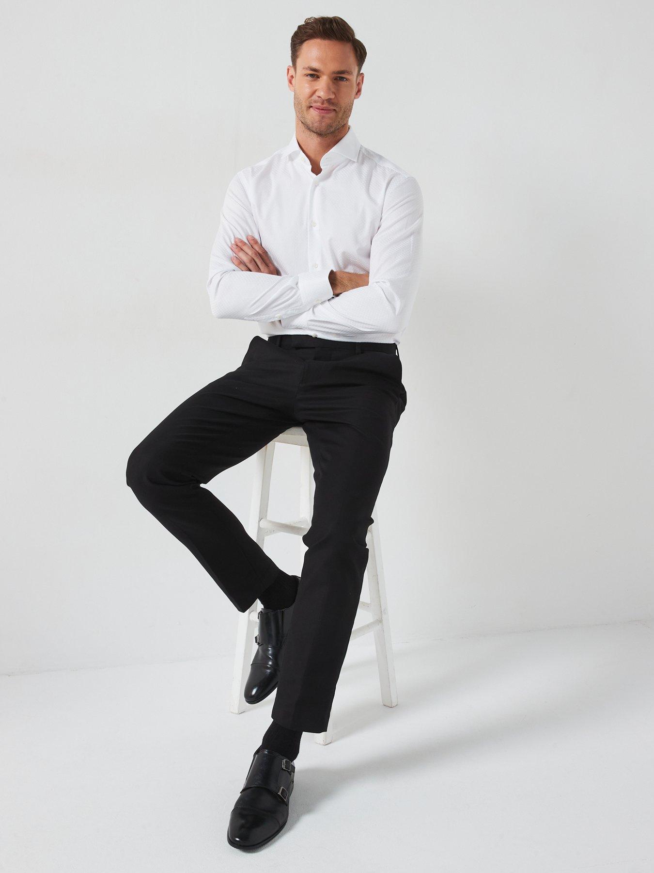 Image 5 of 6 of BOSS H-Hank Slim Fit Cut Away Collar Textured Shirt - White