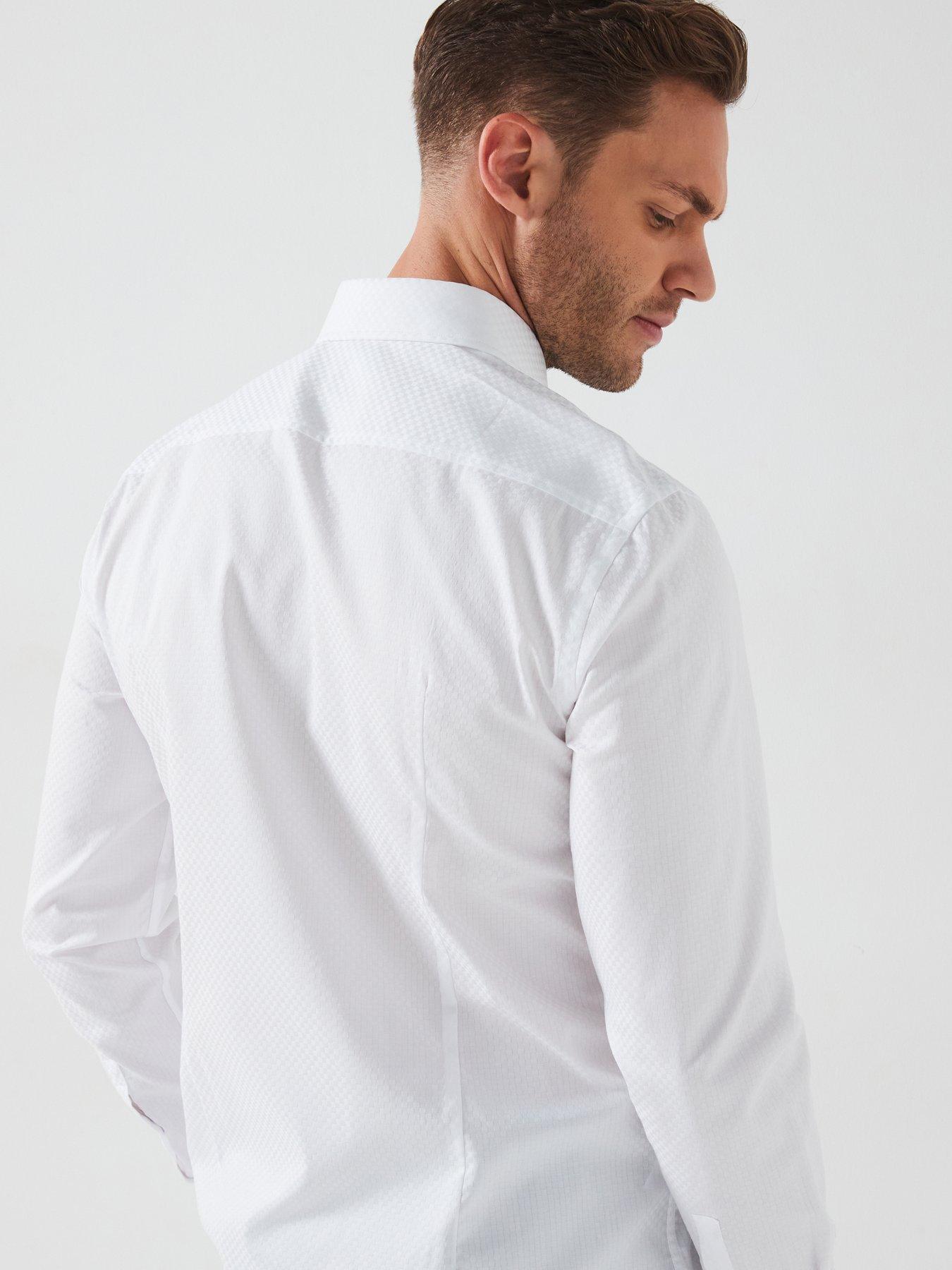 Image 6 of 6 of BOSS H-Hank Slim Fit Cut Away Collar Textured Shirt - White
