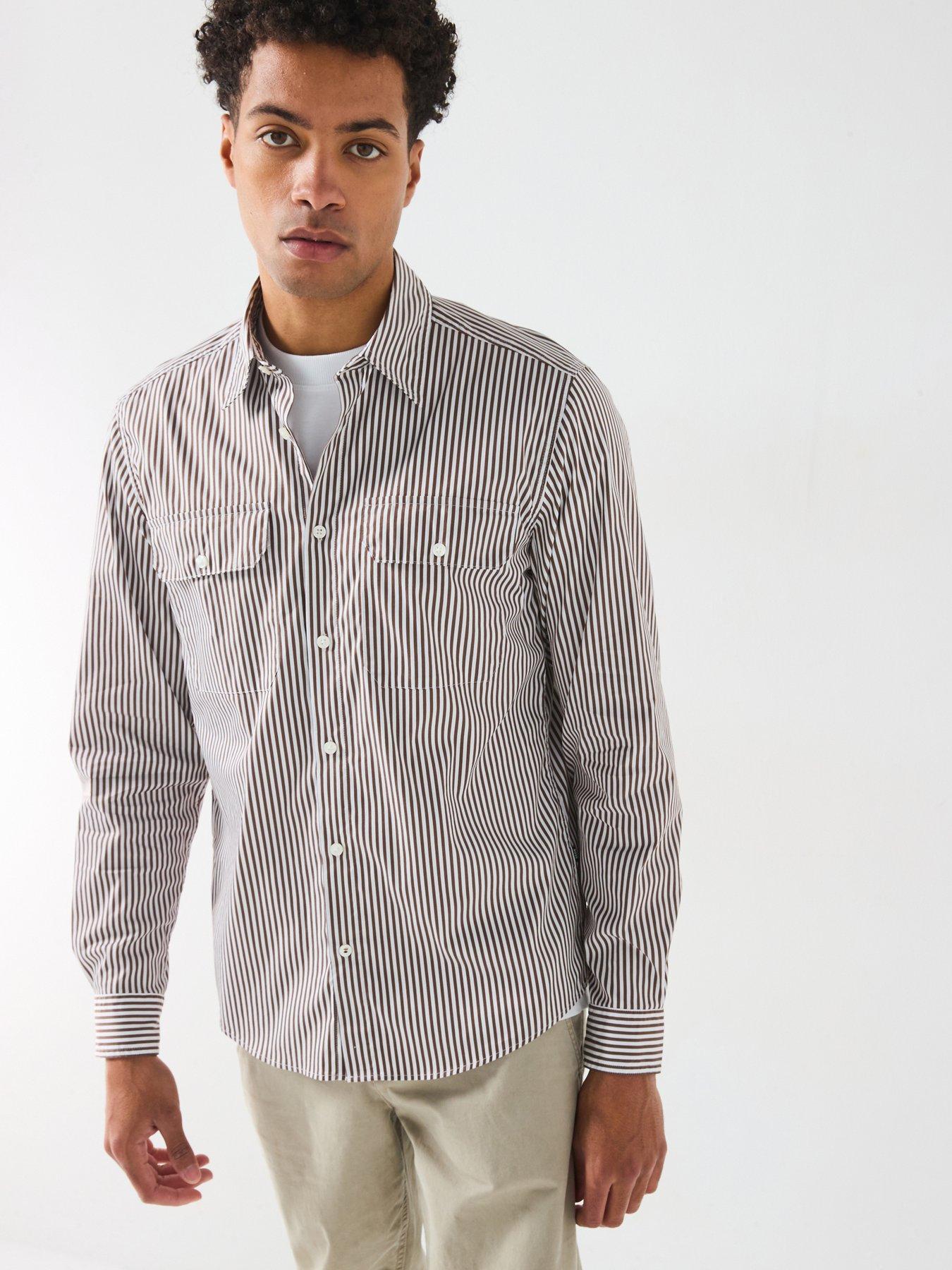 undefined H-Liam Regular Fit Double Pocket Stripe Shirt - Brown