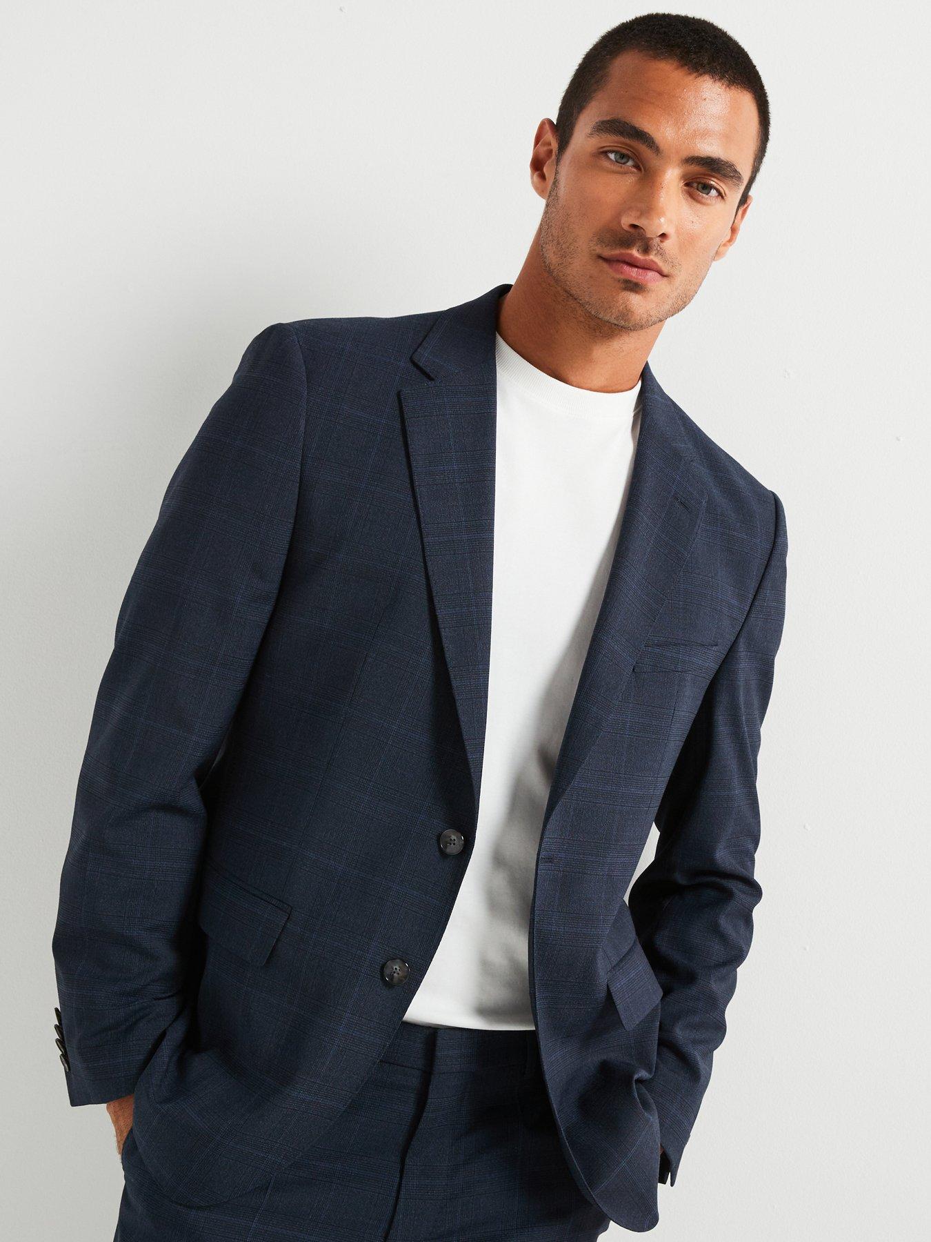 undefined H-jasper Regular Fit Check Wool Stretch Suit Jacket - Dark Blue
