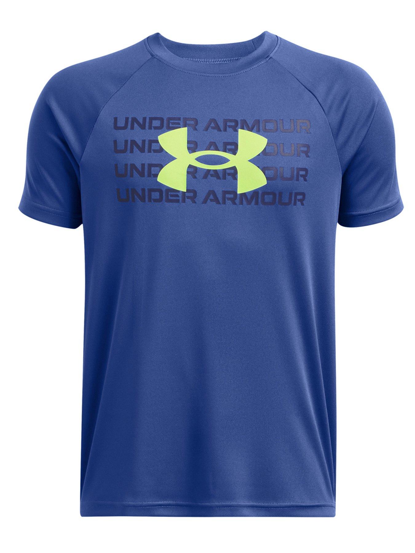 UNDER ARMOUR Boys Training Tech Wordmark Logo T-shirt - Blue, Blue, Size S
