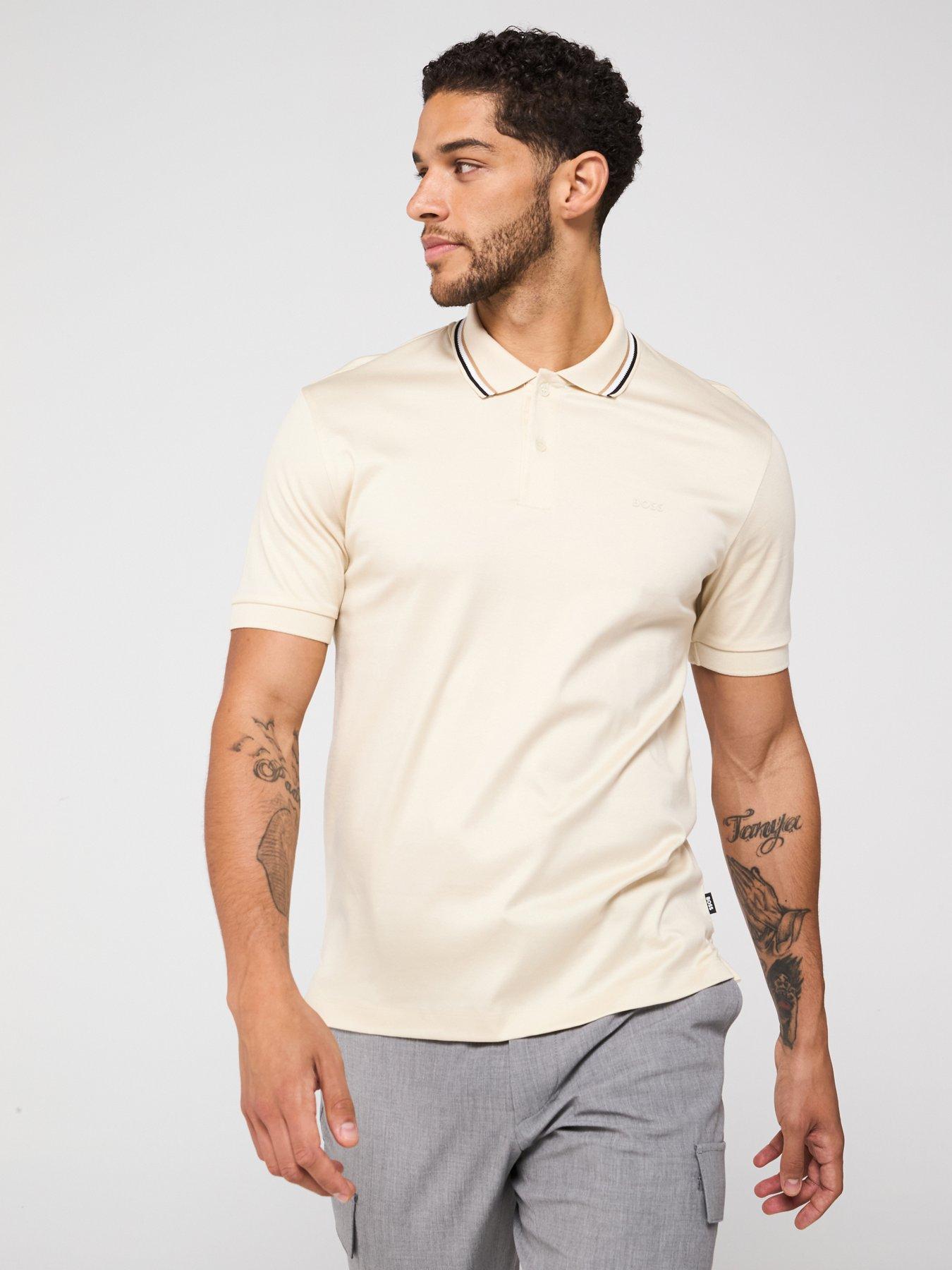 Image 1 of 6 of BOSS Penrose 38 Slim Fit Corporate Stripe Tipped Polo Shirt - Light Beige