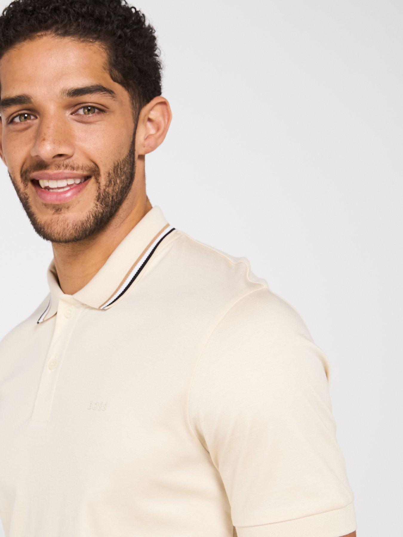 Image 4 of 6 of BOSS Penrose 38 Slim Fit Corporate Stripe Tipped Polo Shirt - Light Beige