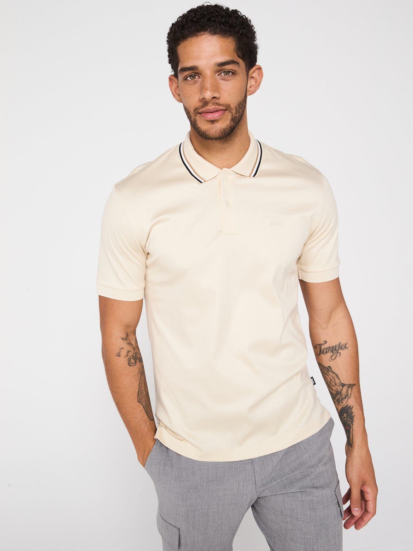Image 5 of 6 of BOSS Penrose 38 Slim Fit Corporate Stripe Tipped Polo Shirt - Light Beige