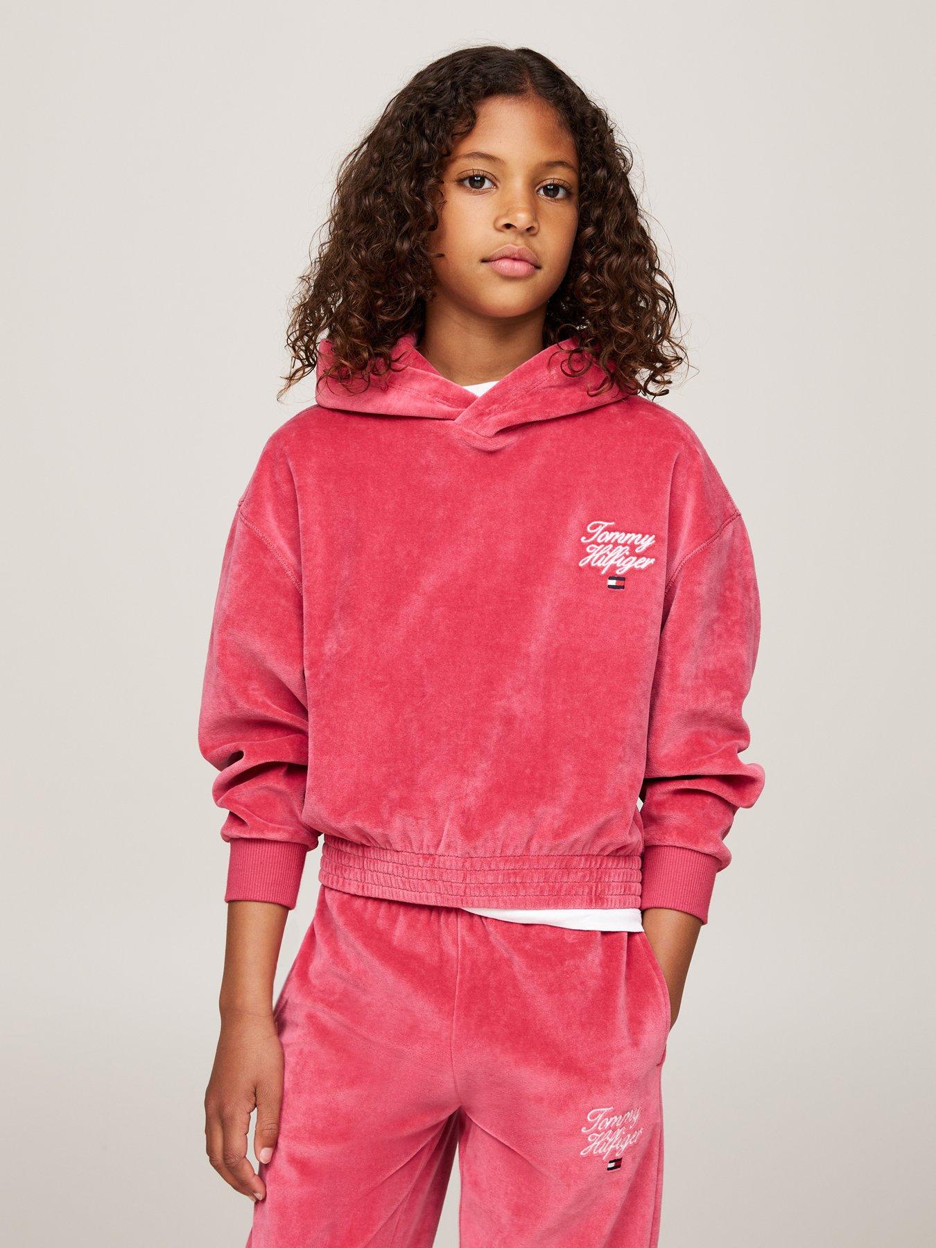 Tommy Hilfiger Girls Th Script Velour Hoodie Pink Very