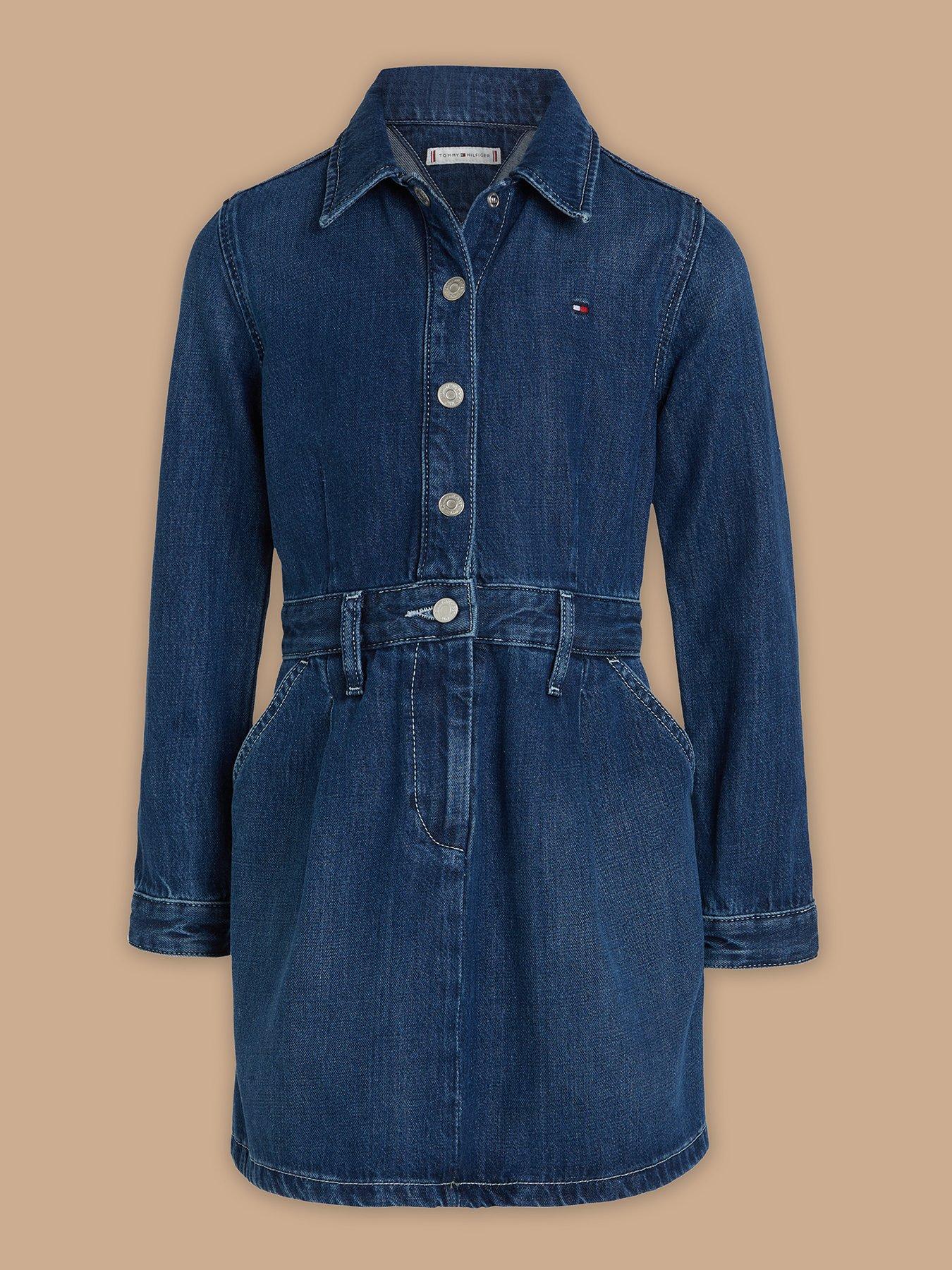undefined Girls Denim Pleats Long Sleeve Dress - Blue