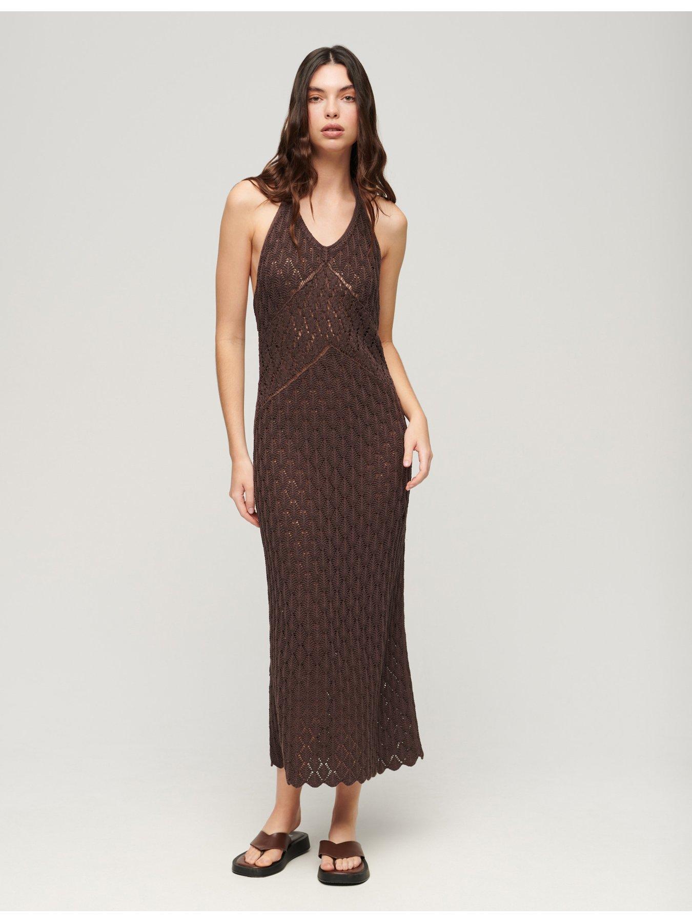 superdry crochet halter maxi dress - oak brown, brown, size 14, women