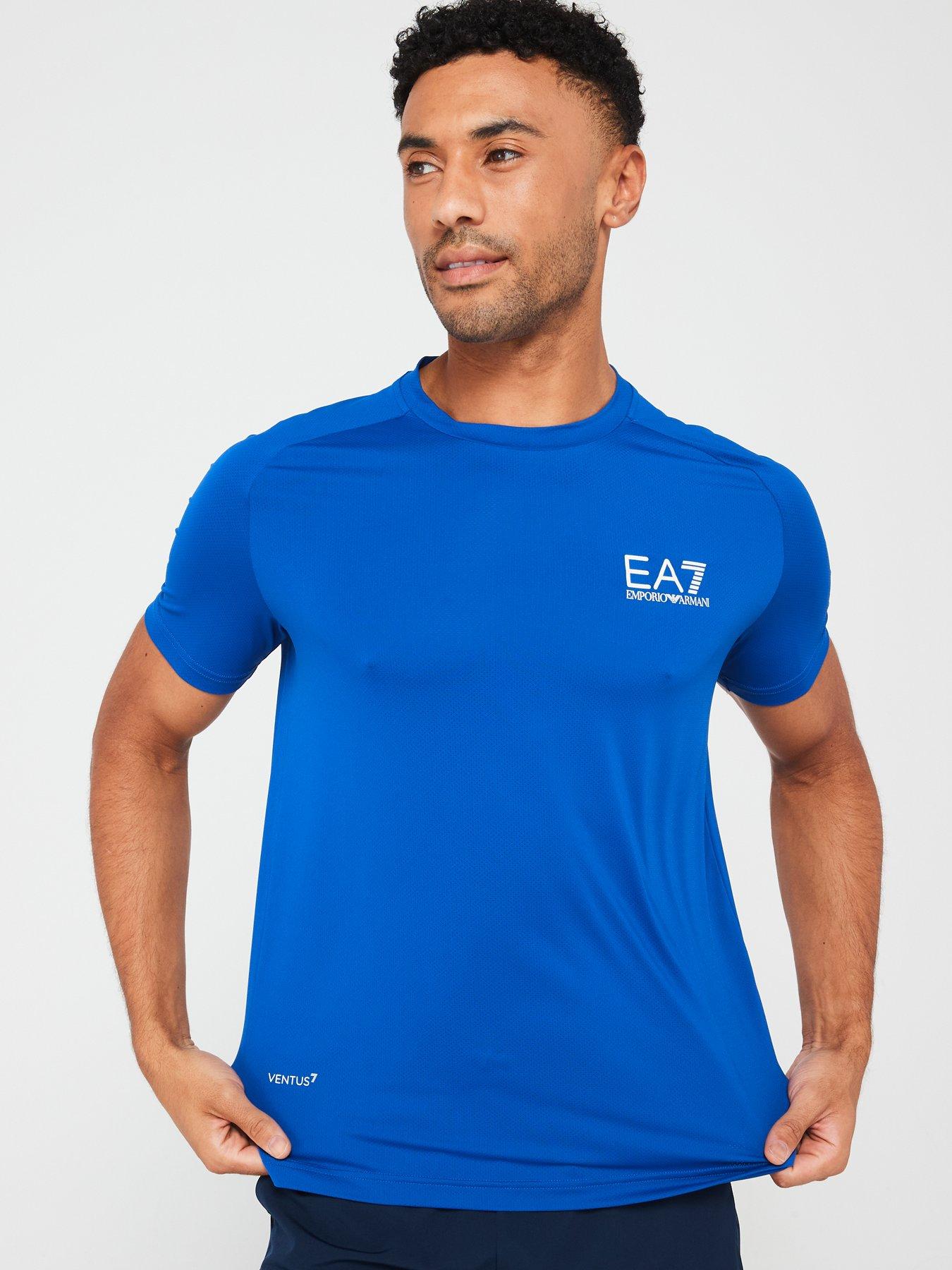 Image 1 of 4 of EA7 Emporio Armani Eagle Sleeve Logo Poly T-shirt - Bright Blue