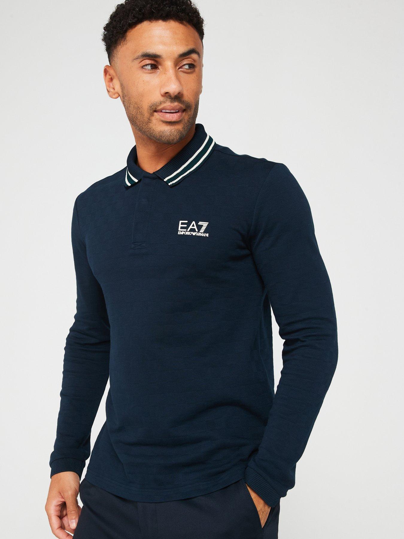 undefined Collar Trim Jacquard Long Sleeve Polo Shirt - Dark Blue