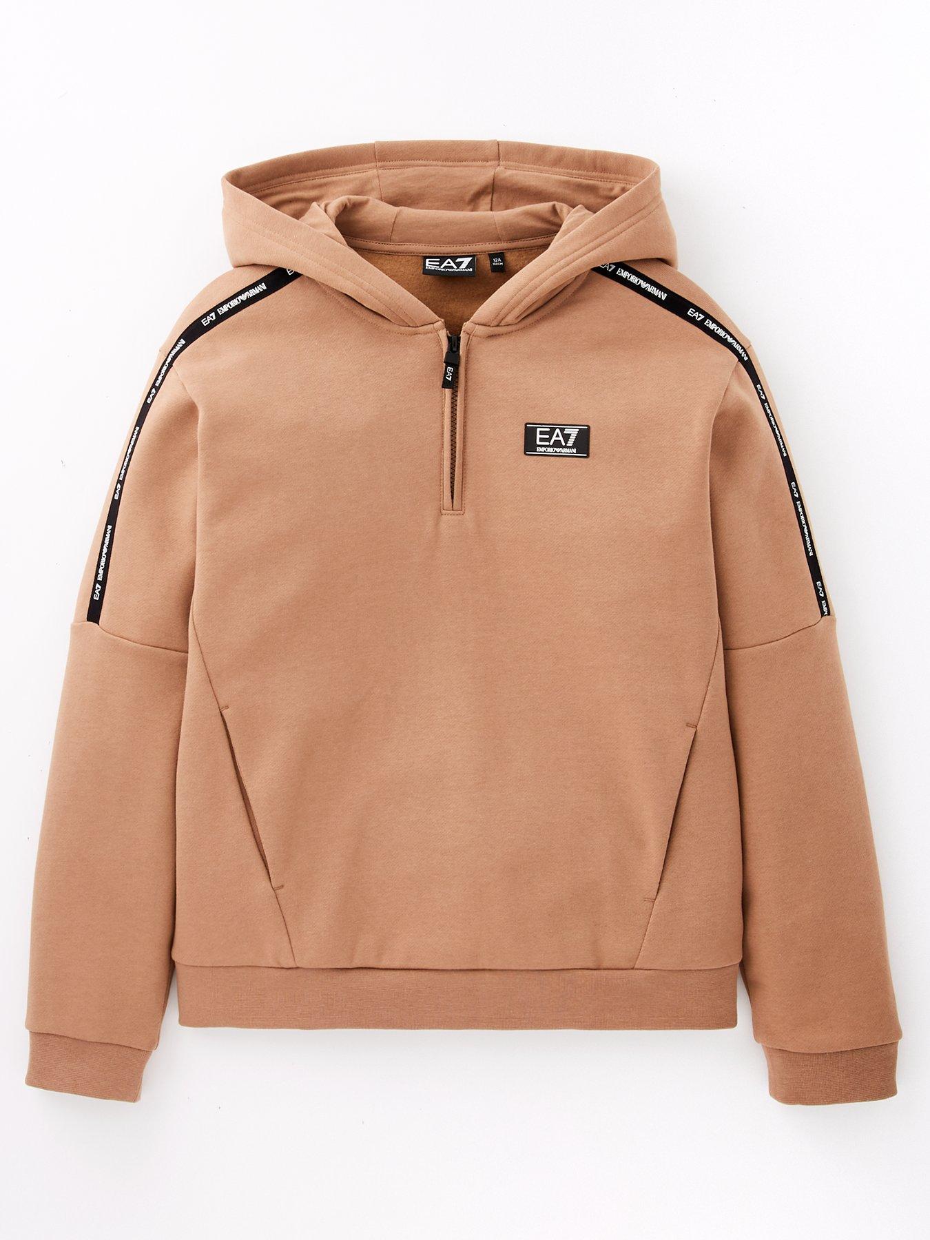 undefined Boys Tape Logo Half Zip Hoodie - Dark Beige
