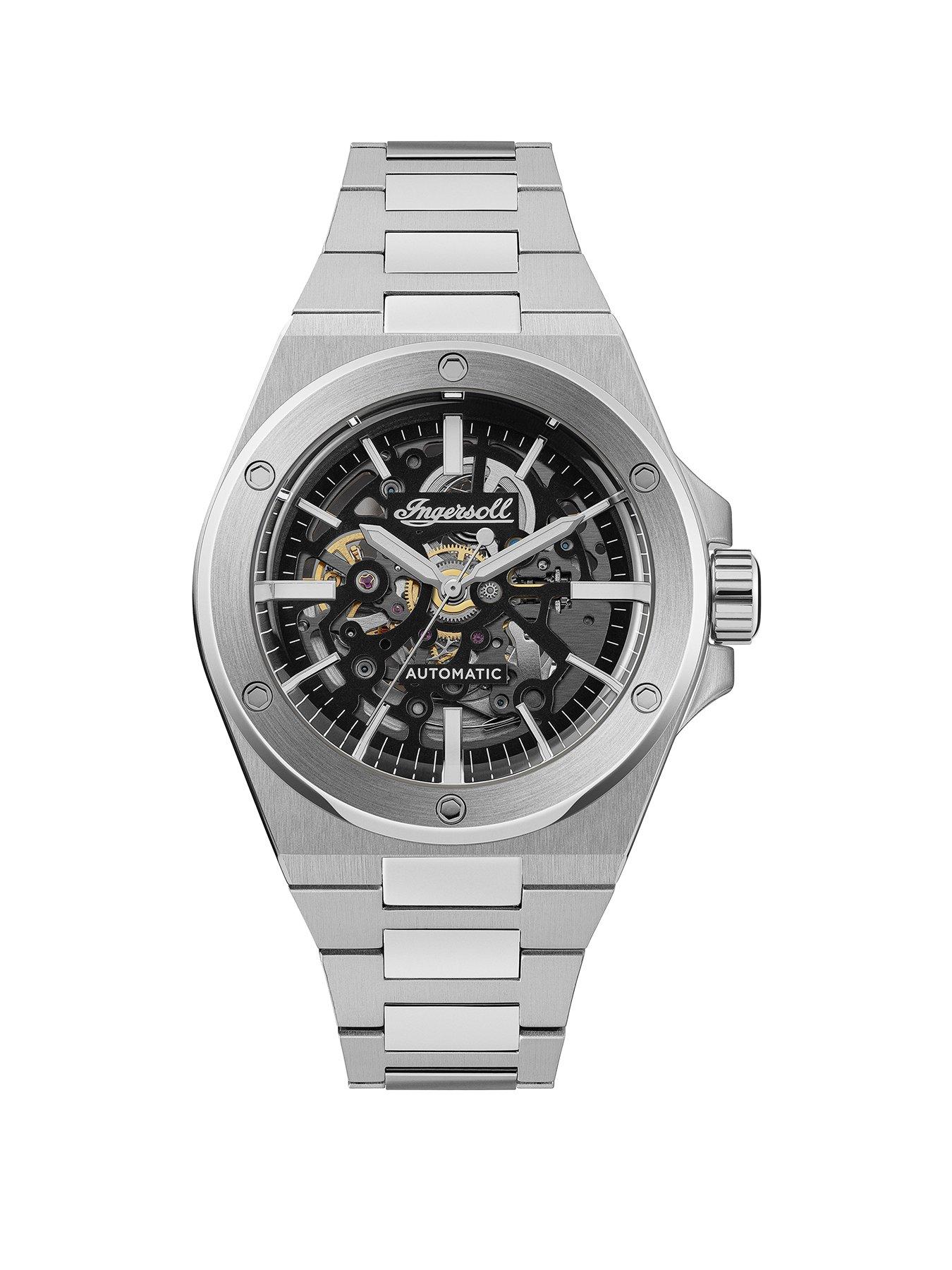 Product photograph of Ingersoll 1892 The Baller Automatic Mens Watch With Black Skeleton Dial And Silver Stainless Steel Bracelet - I15002 from very.co.uk