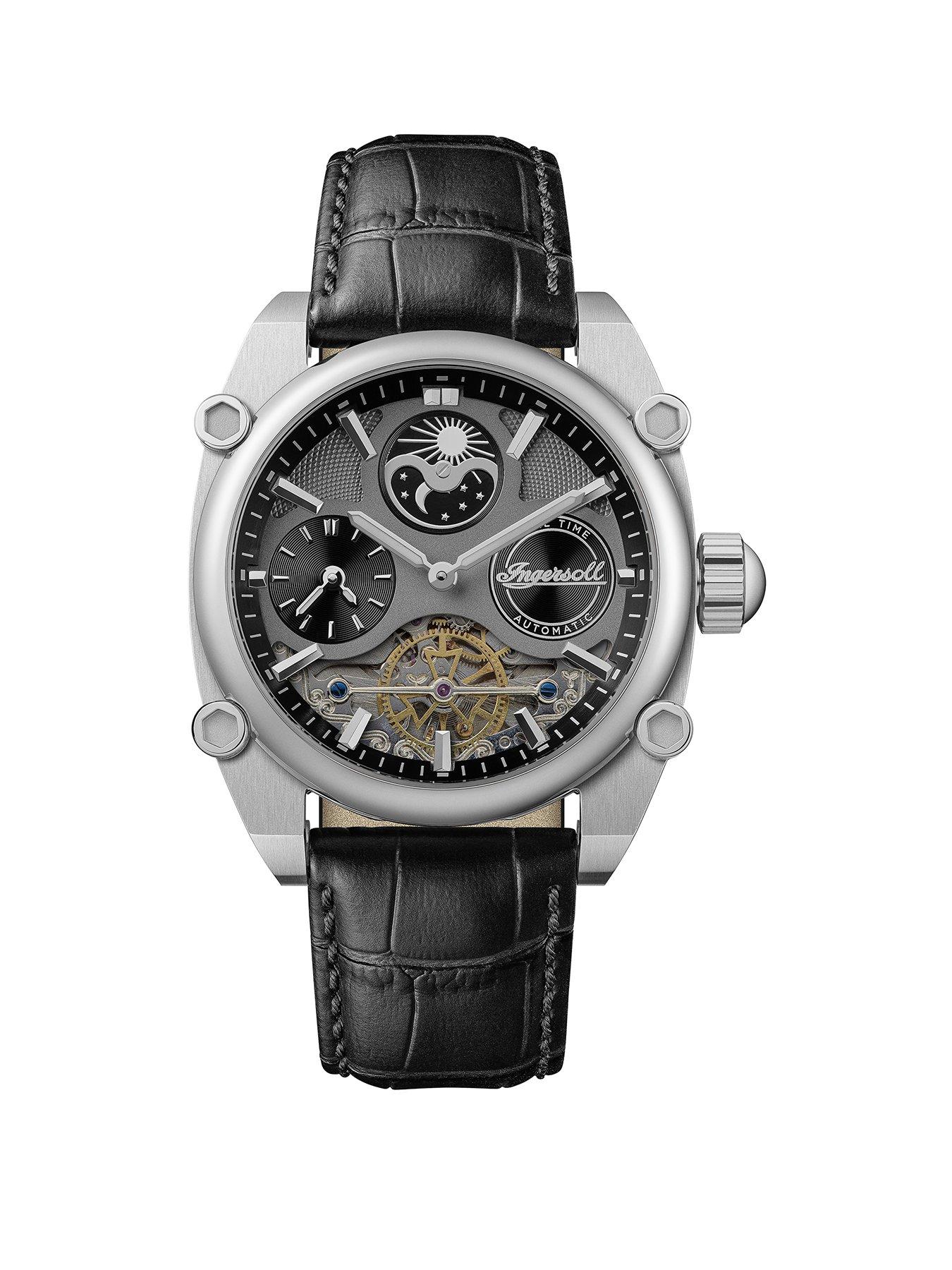undefined 1892 The Varsity Automatic Mens Watch with Grey Skeleton Dial and Black Leather Strap - I15402