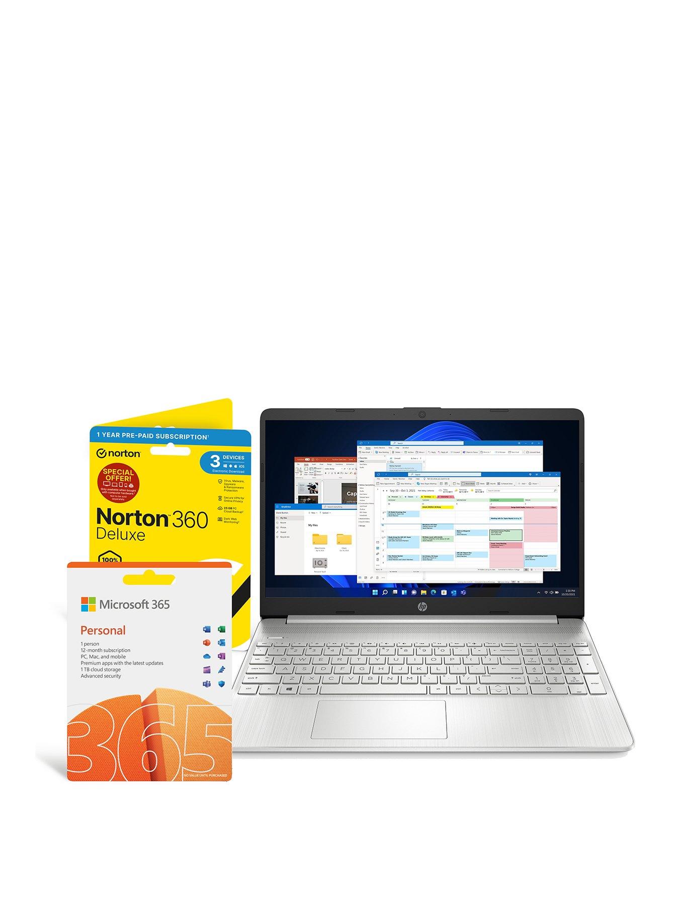 HP 15s-eq2020na AMD Ryzen 3, 8GB RAM 256GB SSD, 15in Full HD Laptop with M365 Personal 1 Year & Norton 360 Deluxe (3 Devices, 1 Year)