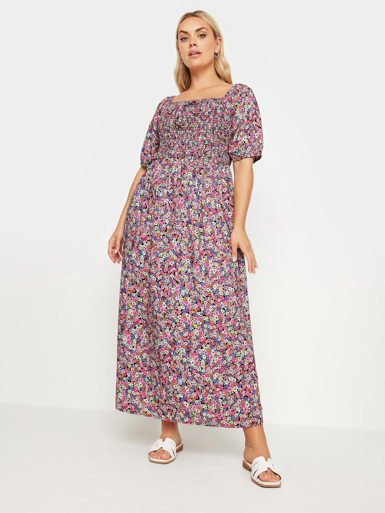Image 1 of 4 of Yours Curve Maxi Shirred Square Neck Dress - Pink