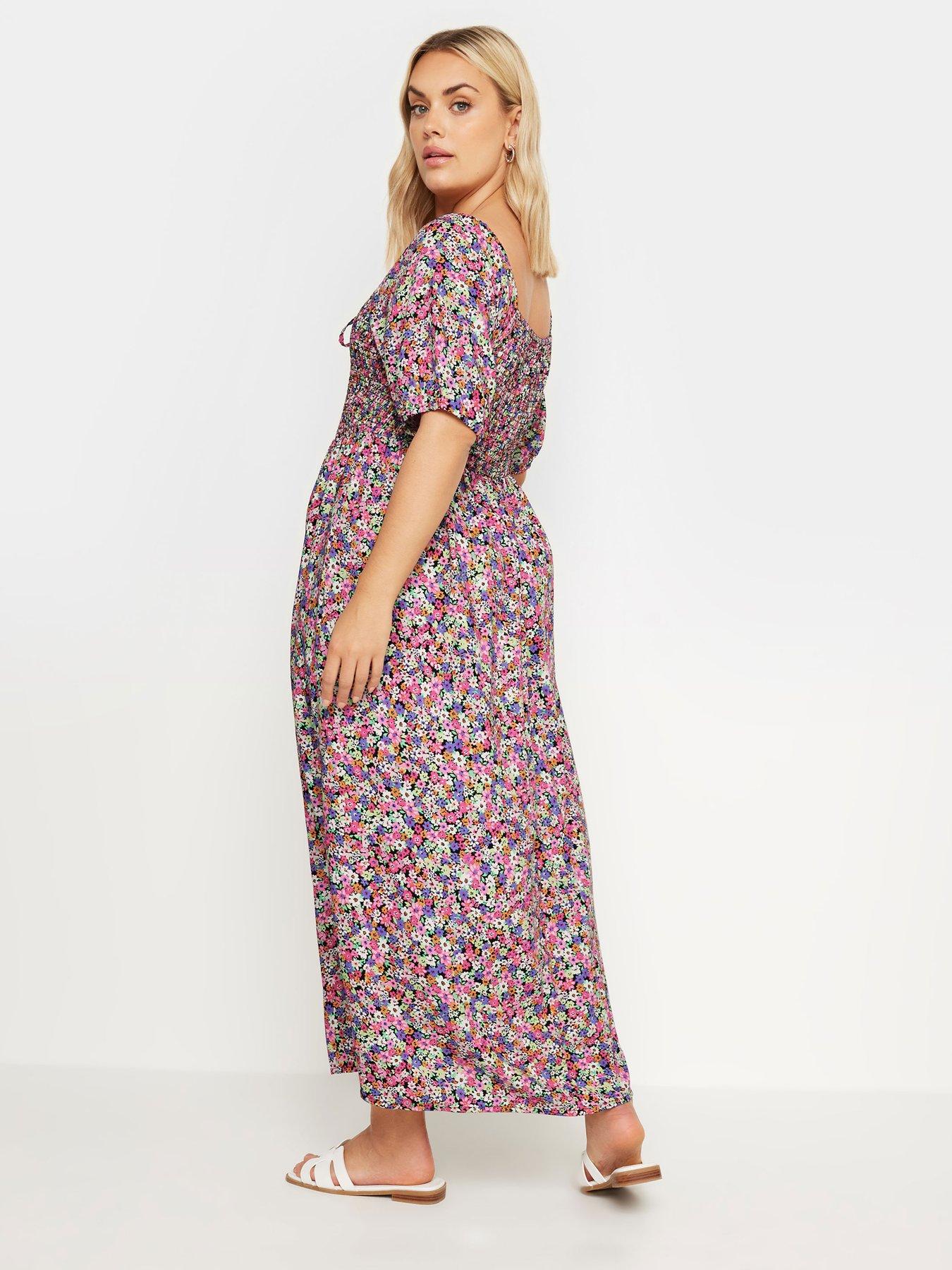 Image 2 of 4 of Yours Curve Maxi Shirred Square Neck Dress - Pink