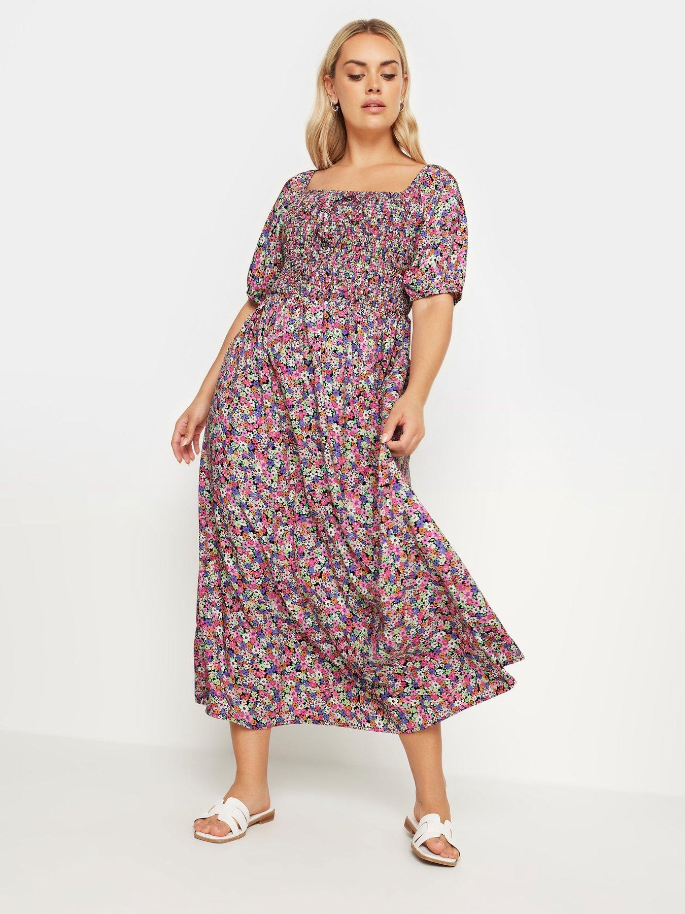 Image 3 of 4 of Yours Curve Maxi Shirred Square Neck Dress - Pink