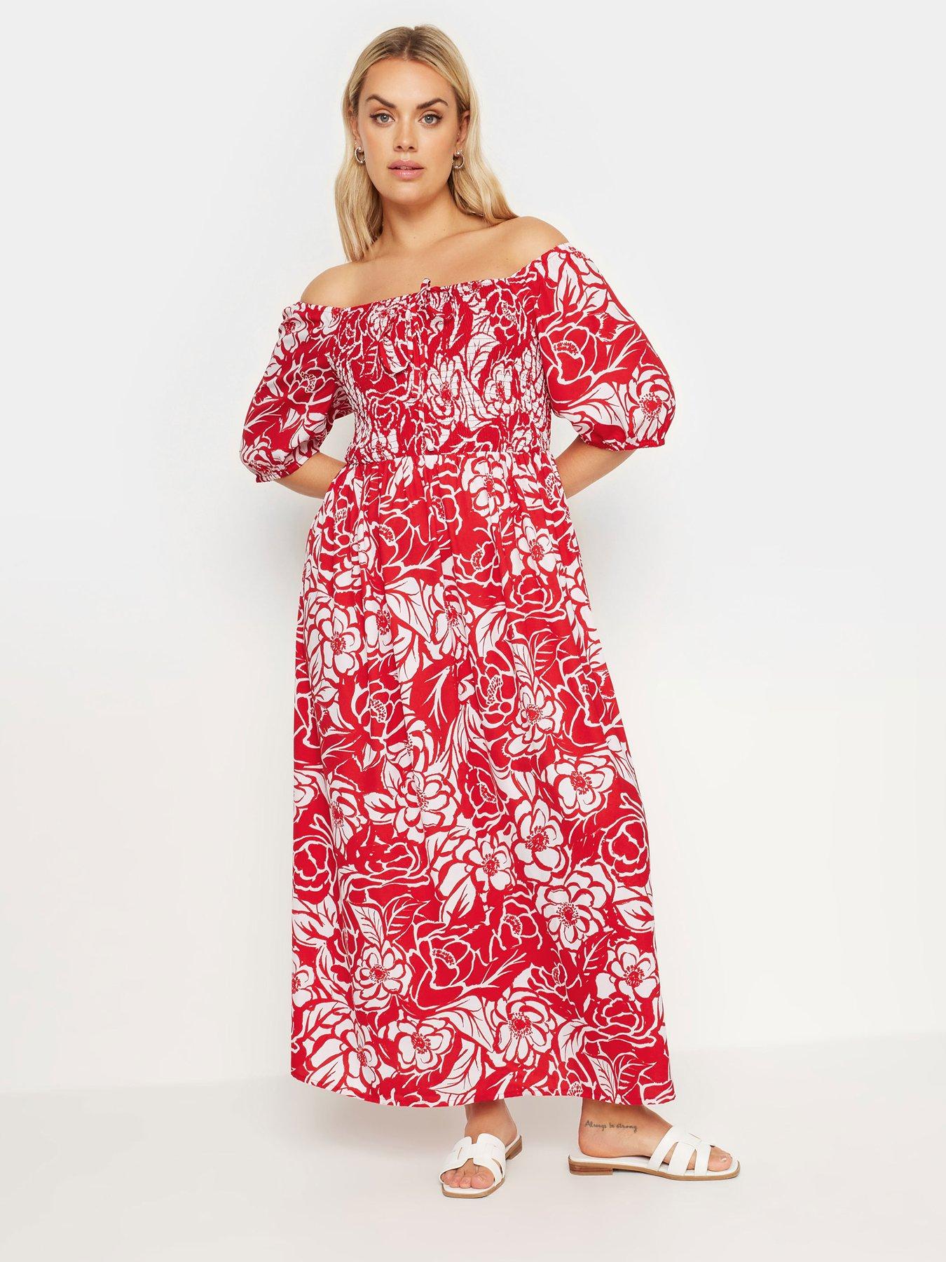 Yours Curve Maxi Shirred Square Neck Dress - Red | Very.co.uk