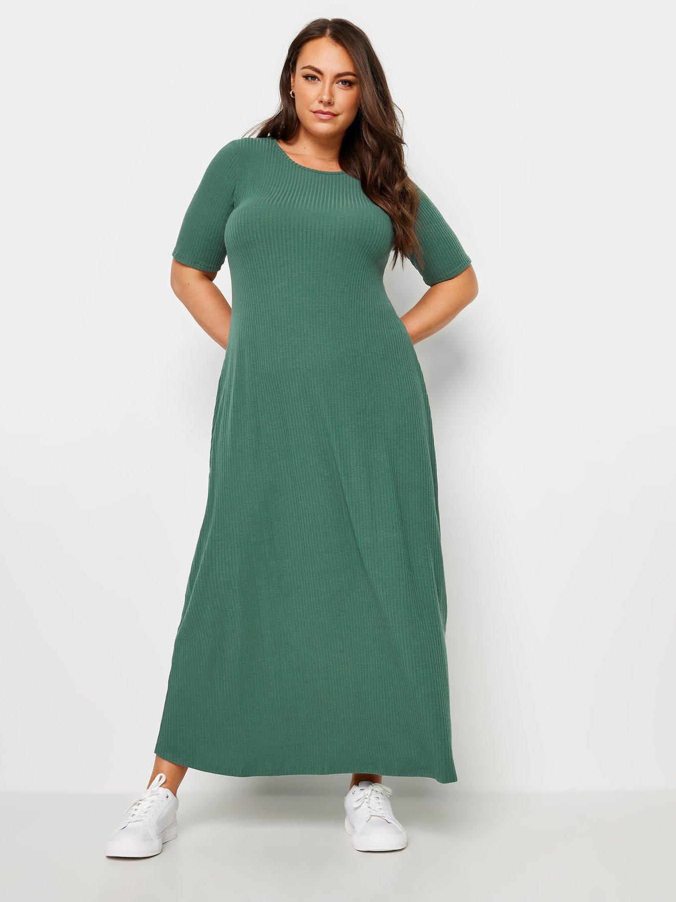 Yours Curve Rib Swing Maxi Dress - Green | Very.co.uk