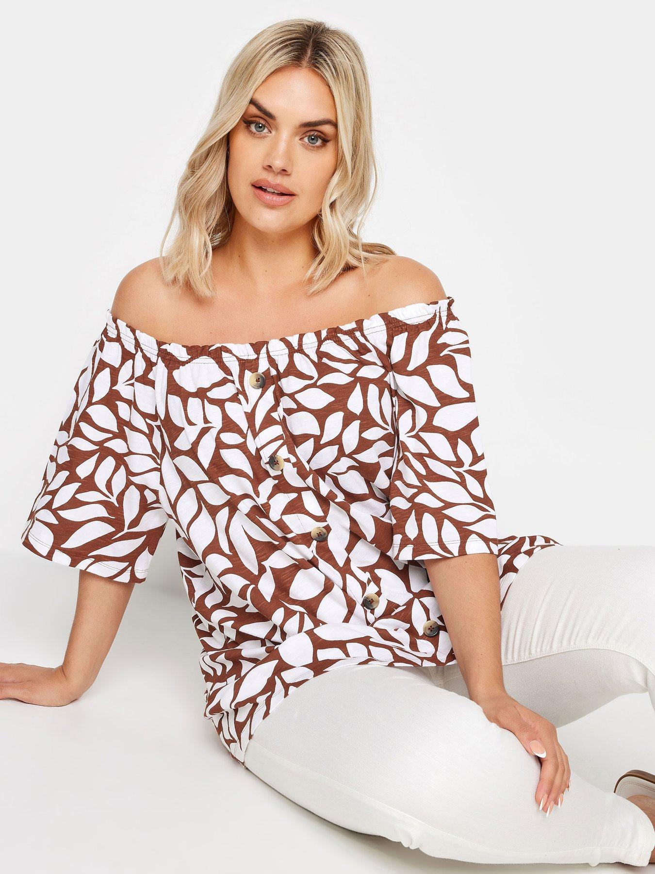 Image 1 of 4 of Yours Curve Button Through Bardot Top - Brown