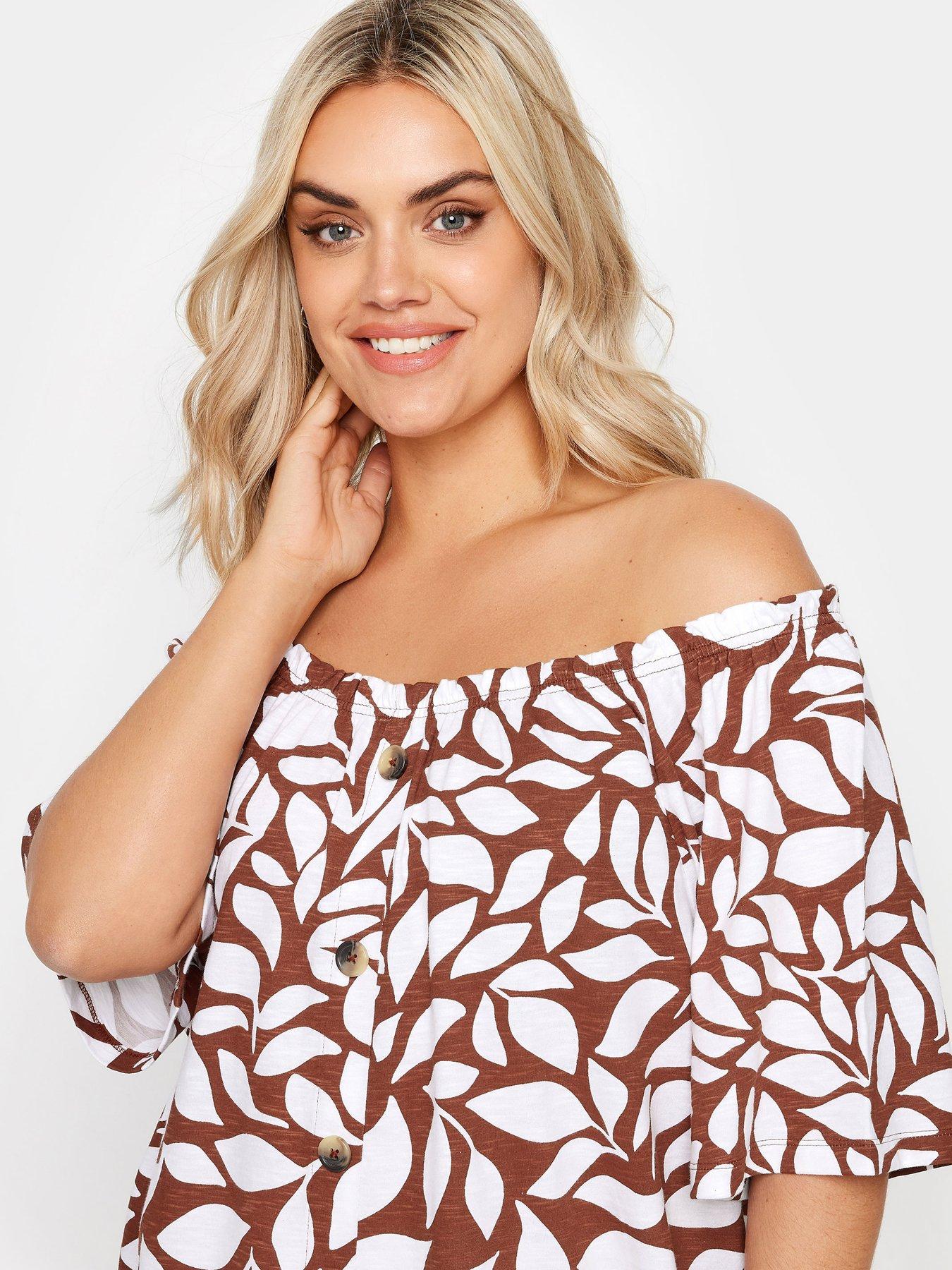 Image 4 of 4 of Yours Curve Button Through Bardot Top - Brown