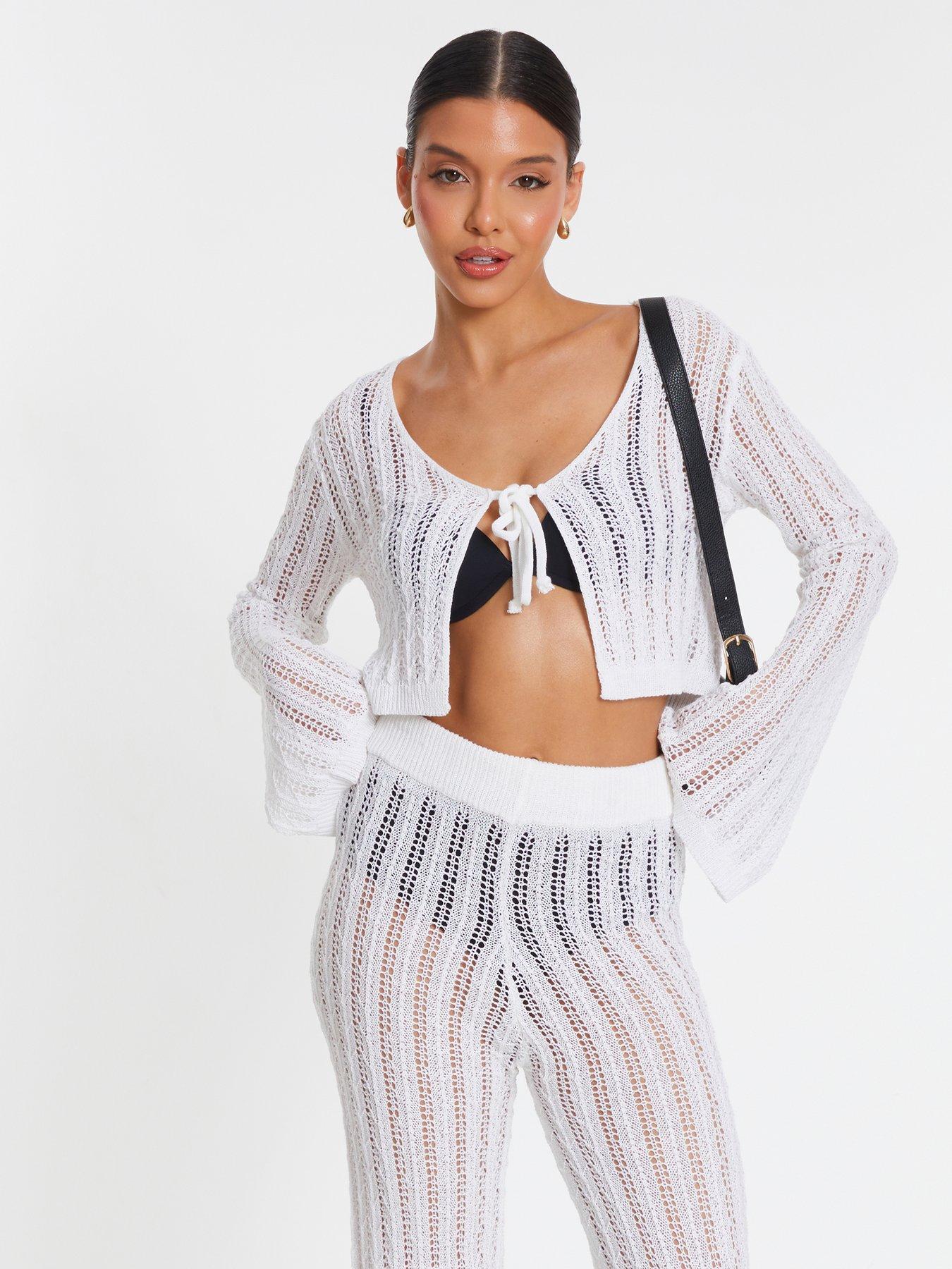 Quiz White Crochet Cropped Cardigan Very