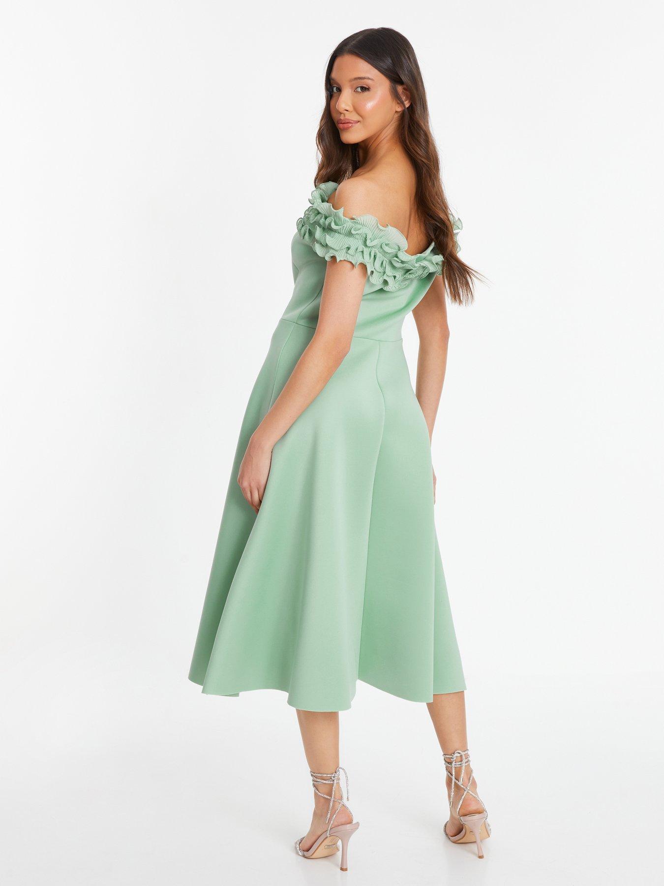 Quiz Sage Bardot Ruffle Skater Midi Dress Very