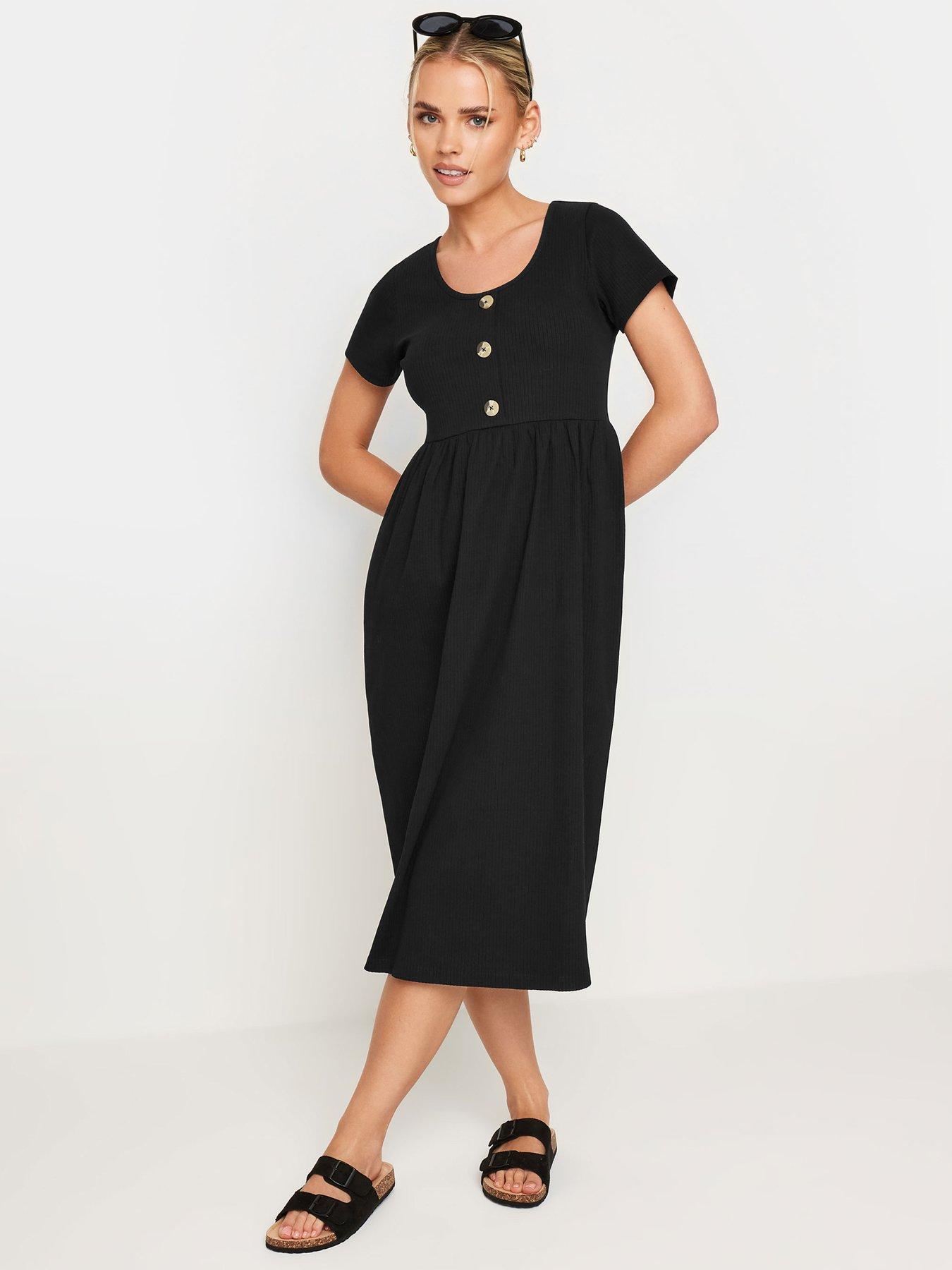 PixieGirl Petite Short Sleeve Rib Button Midi Dress Black Very